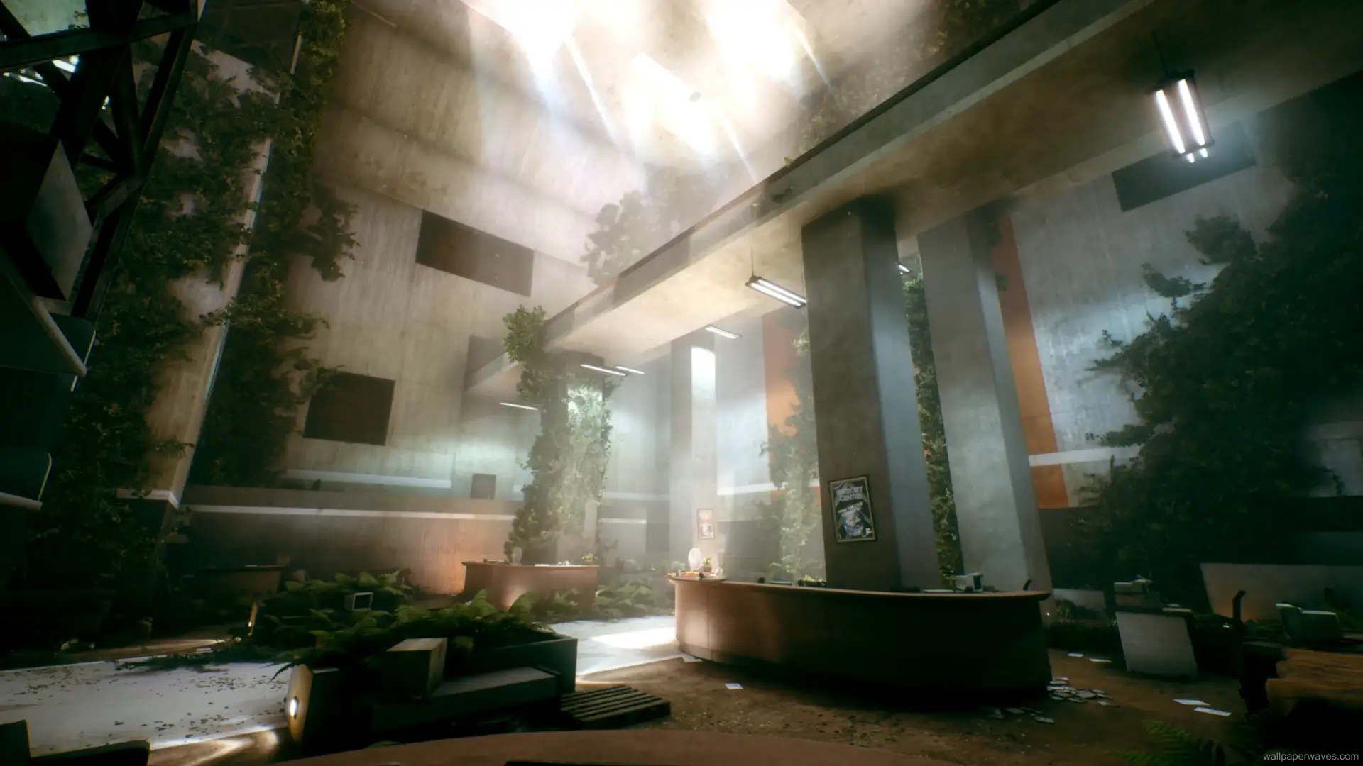 Abandoned cyberpunk facility with rusted tech, glowing blue lights, steam vents, and broken data panels wallpaper.