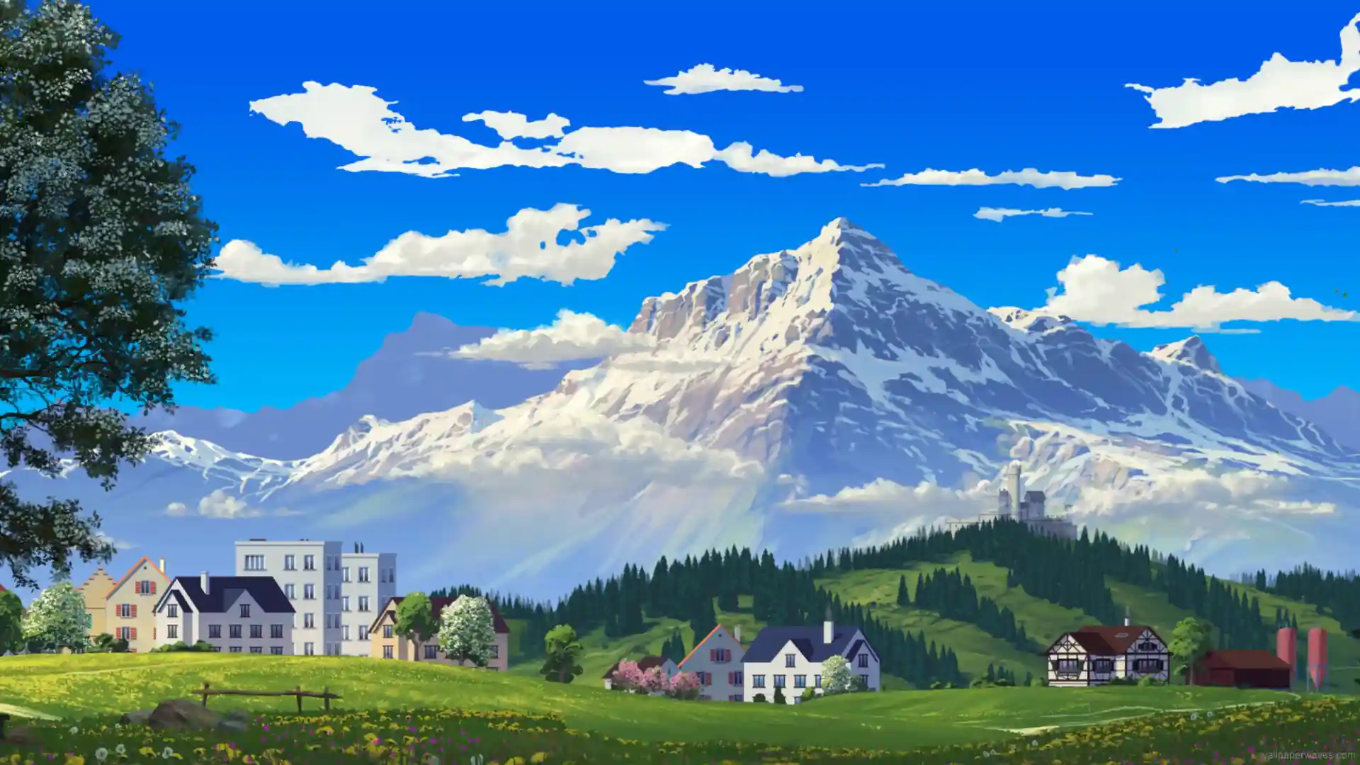 Peaceful alpine mountain village with wooden cottages, snow-covered peaks, and warm morning sunlight casting golden hues in a scenic nature wallpaper.