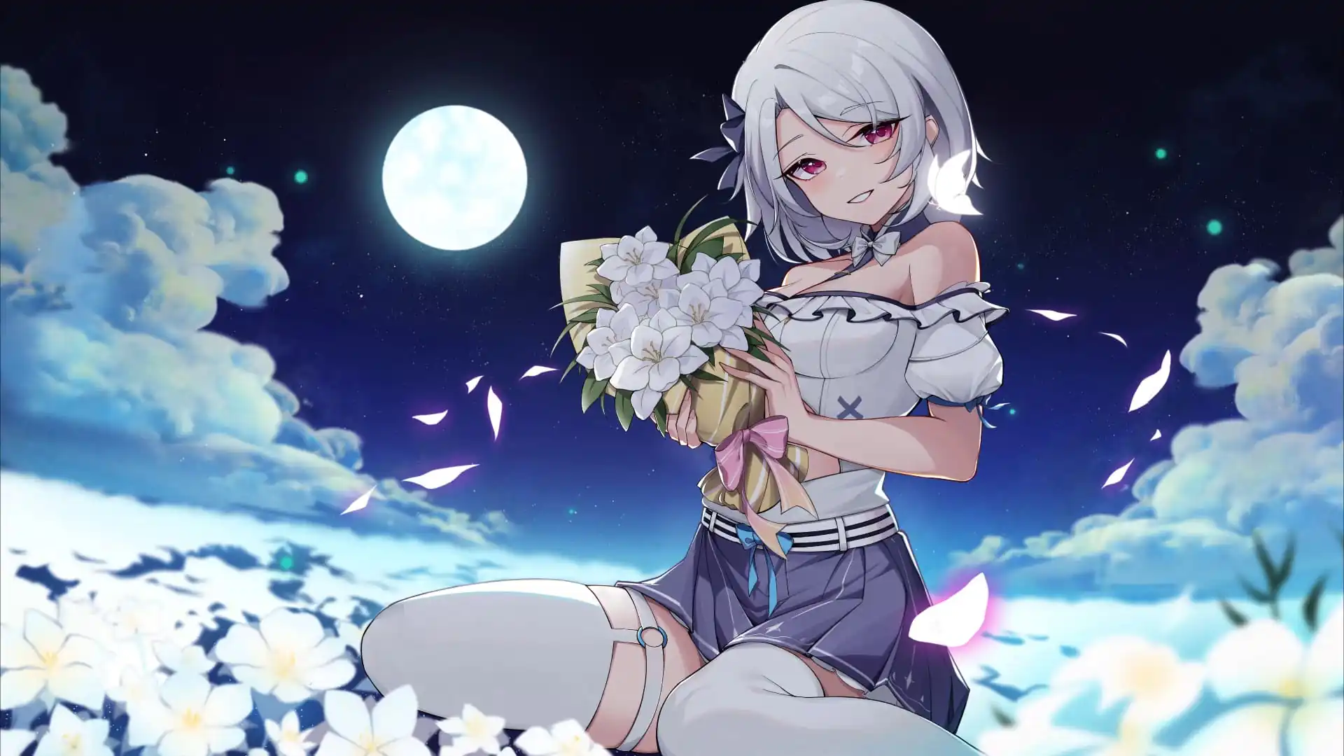 Anime girl walking through a colorful flower field under a bright sky with butterflies flying around in a peaceful nature anime wallpaper.