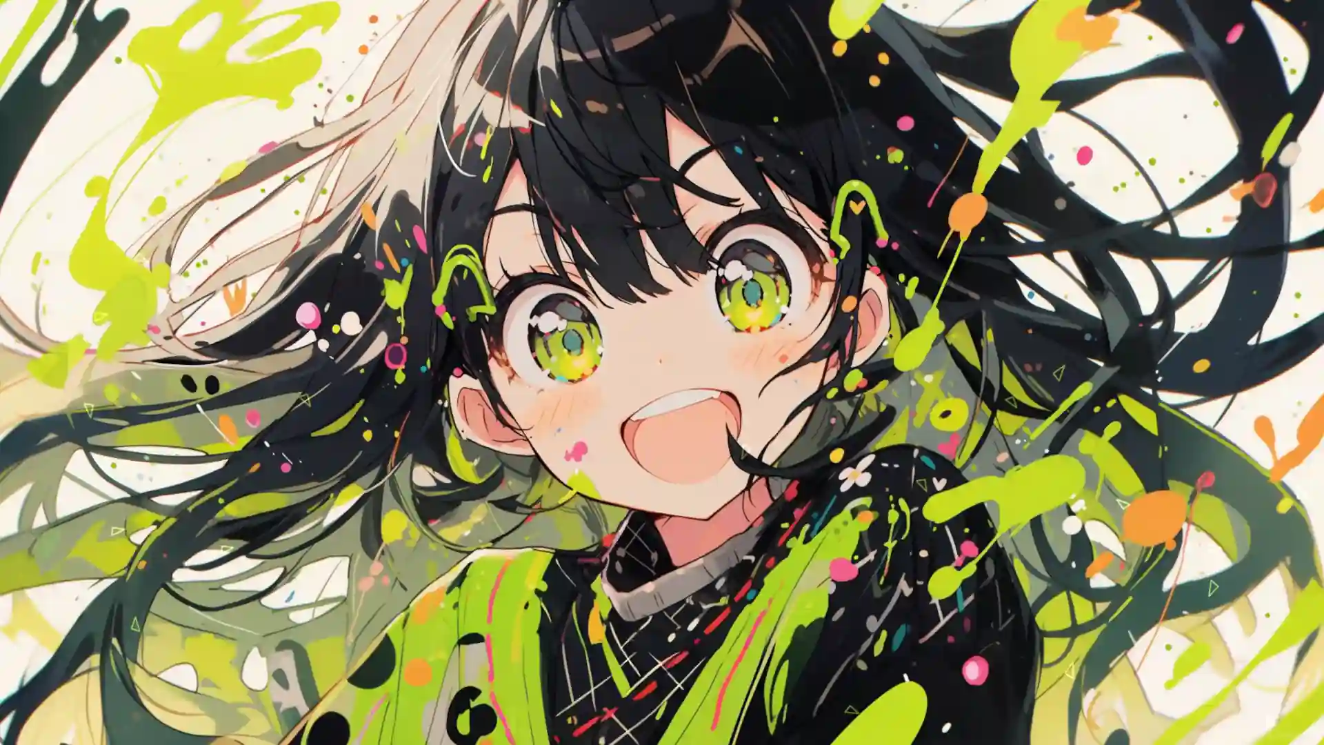 Anime girl with green paint dripping across her face and hair, gazing softly with an emotional and artistic expression in a bold aesthetic wallpaper.