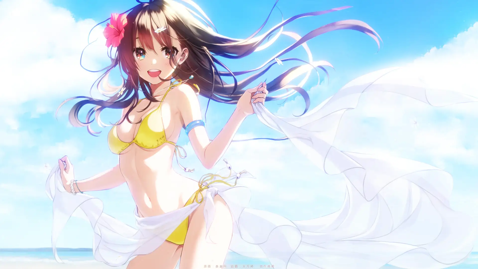 Anime girl in a bikini standing at the edge of a calm ocean with wind-blown hair, golden sunset reflecting on the water and soft waves behind her.