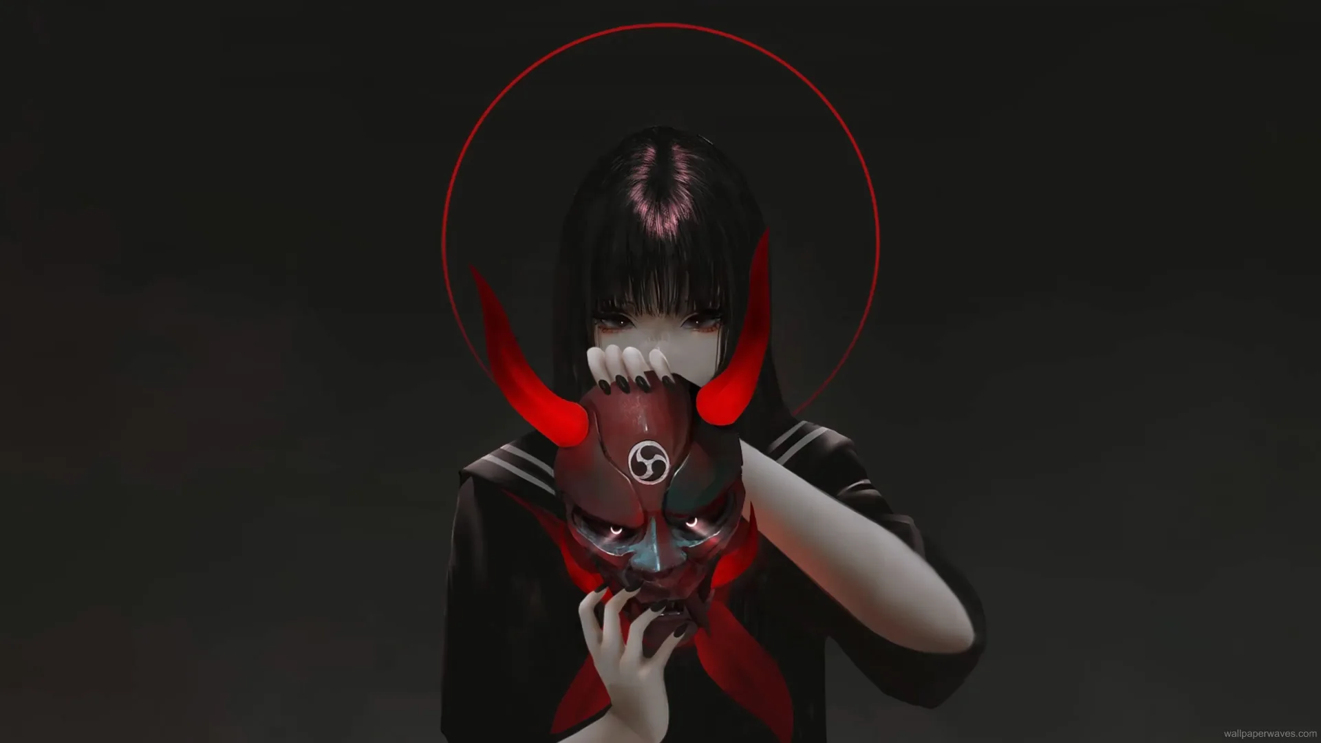 Anime girl in kimono wearing red oni mask under moonlight with floating petals in atmospheric wallpaper.