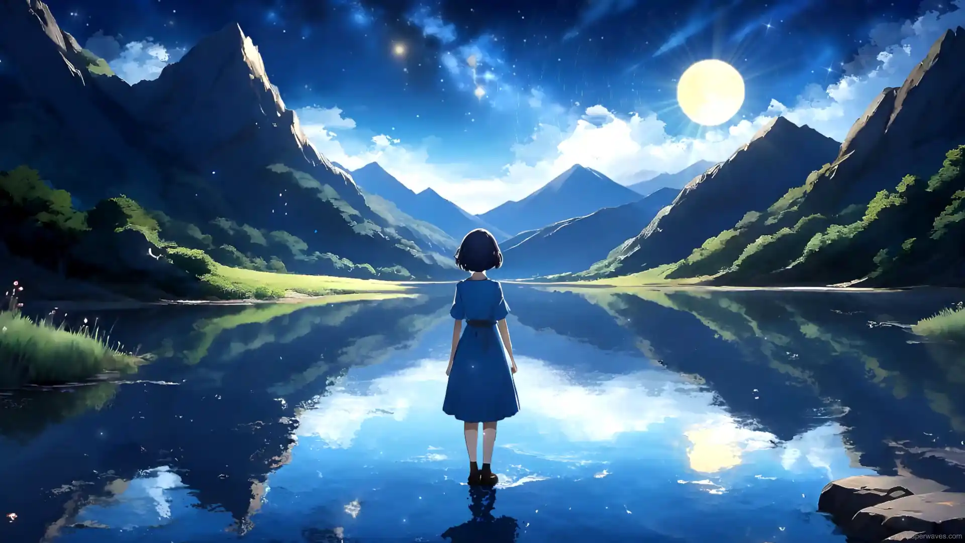 Anime girl standing peacefully on reflective water surface with sunset sky and flower petals floating wallpaper.