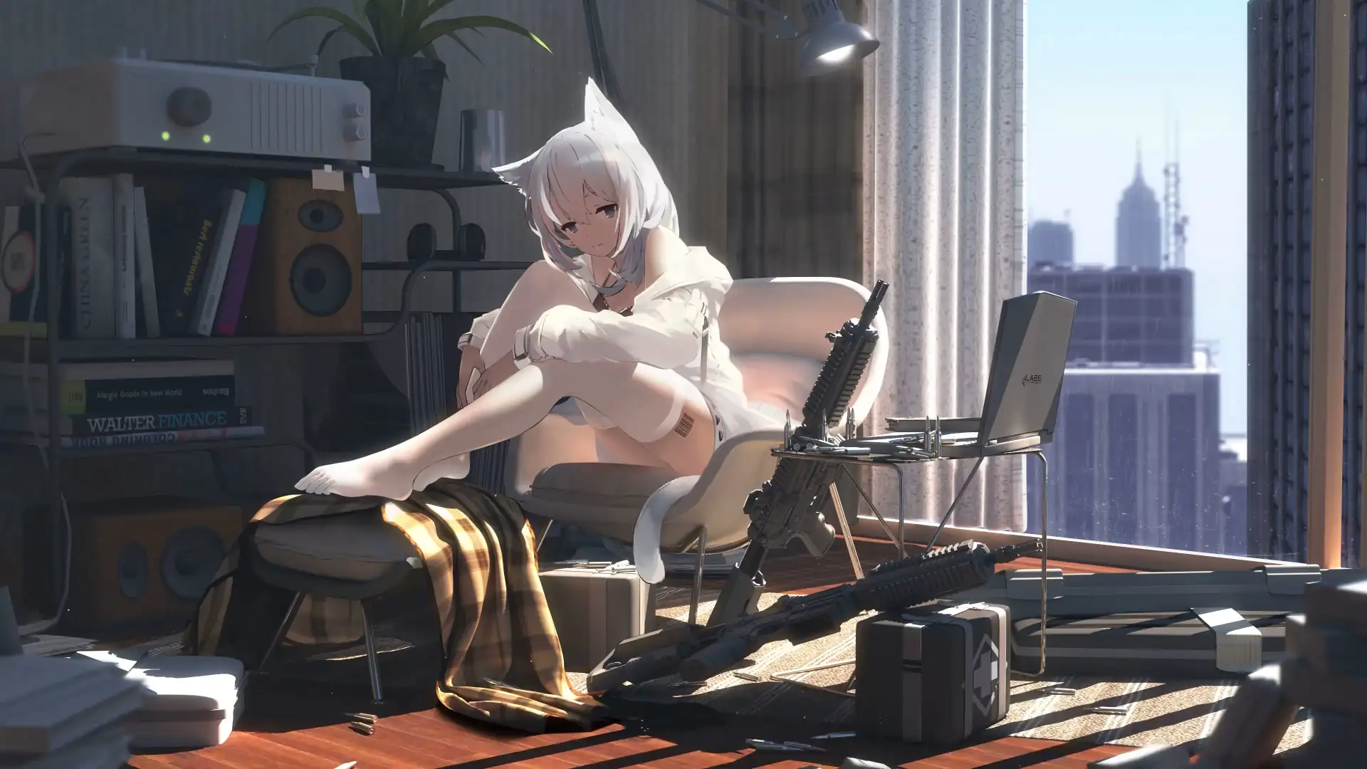 A determined anime girl dual-wielding firearms stands poised against an urban backdrop, exuding confidence and readiness in this action-themed wallpaper.