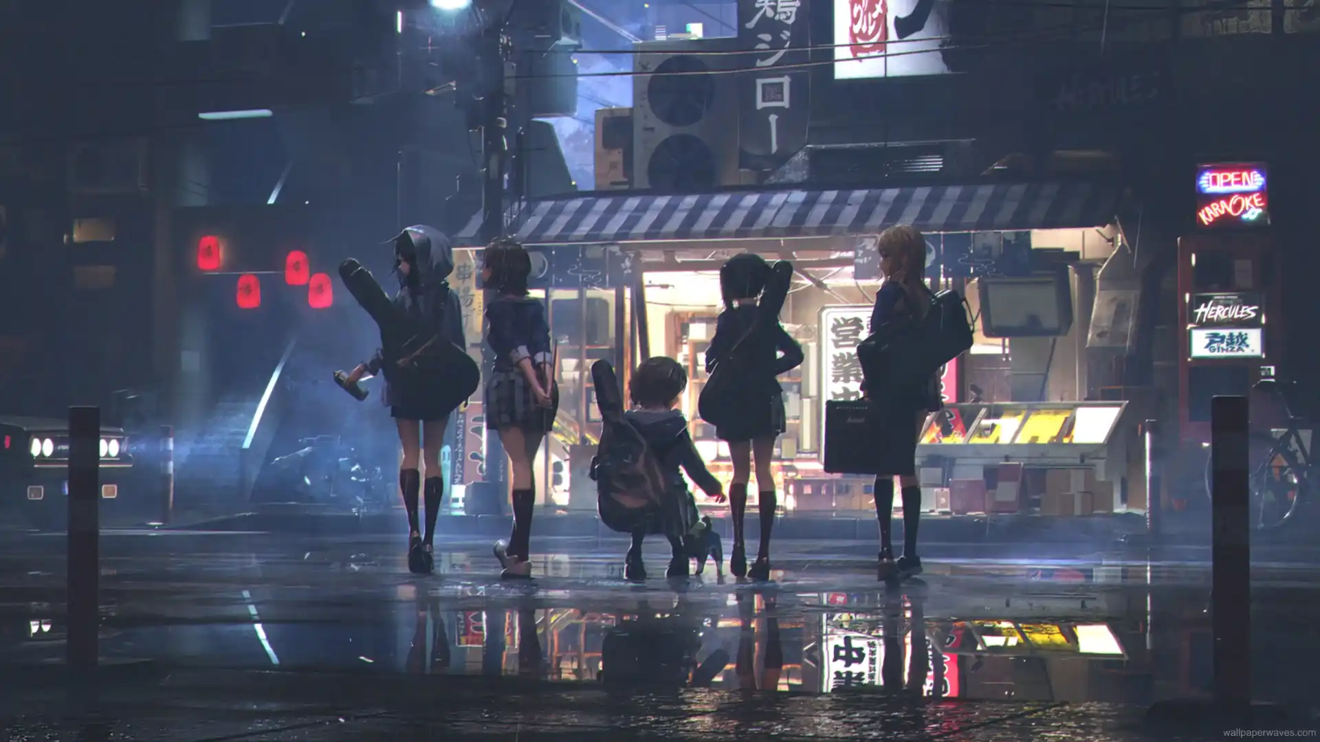 Anime girls from K-On standing together in the rain under umbrellas near glowing shop lights in cozy city wallpaper.