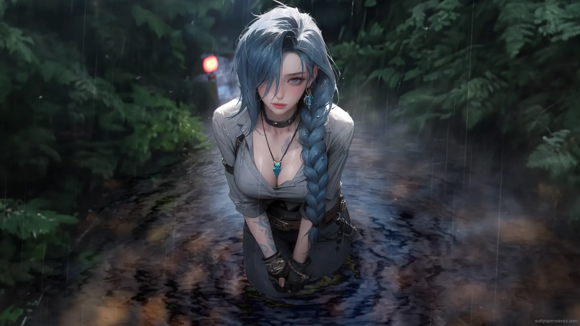 Jinx from Arcane mid-leap with glowing blue braids and rocket launcher in an explosive neon action scene wallpaper.