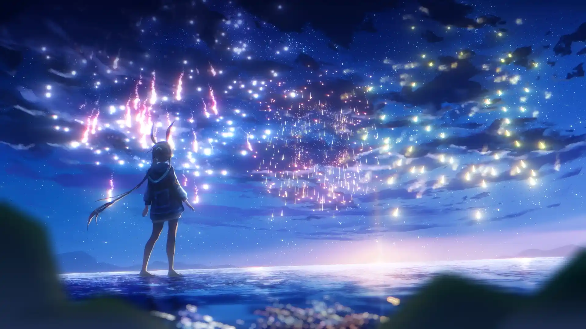 Arknights characters watching colorful fireworks under a night sky with lanterns floating in festive celebration wallpaper.