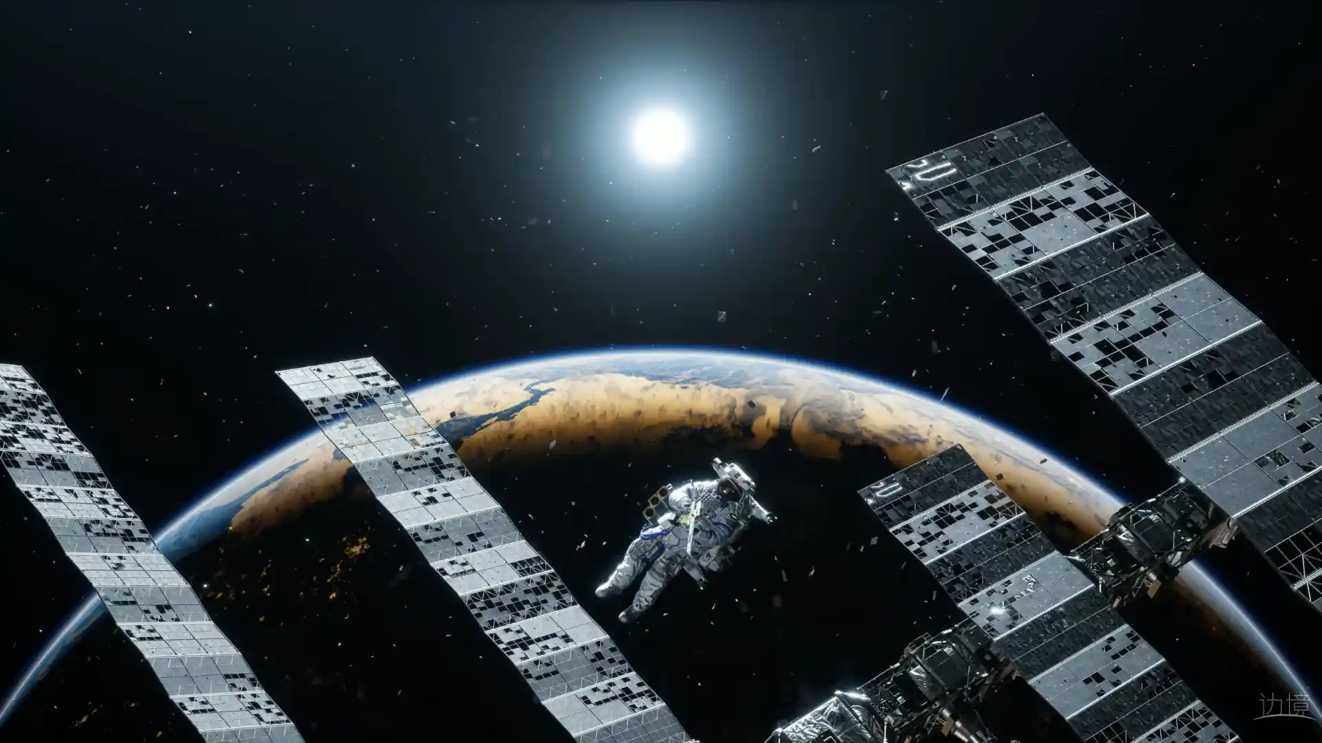 Astronaut floating near a satellite in outer space with Earth below and distant stars glowing in the background in a sci-fi space wallpaper.