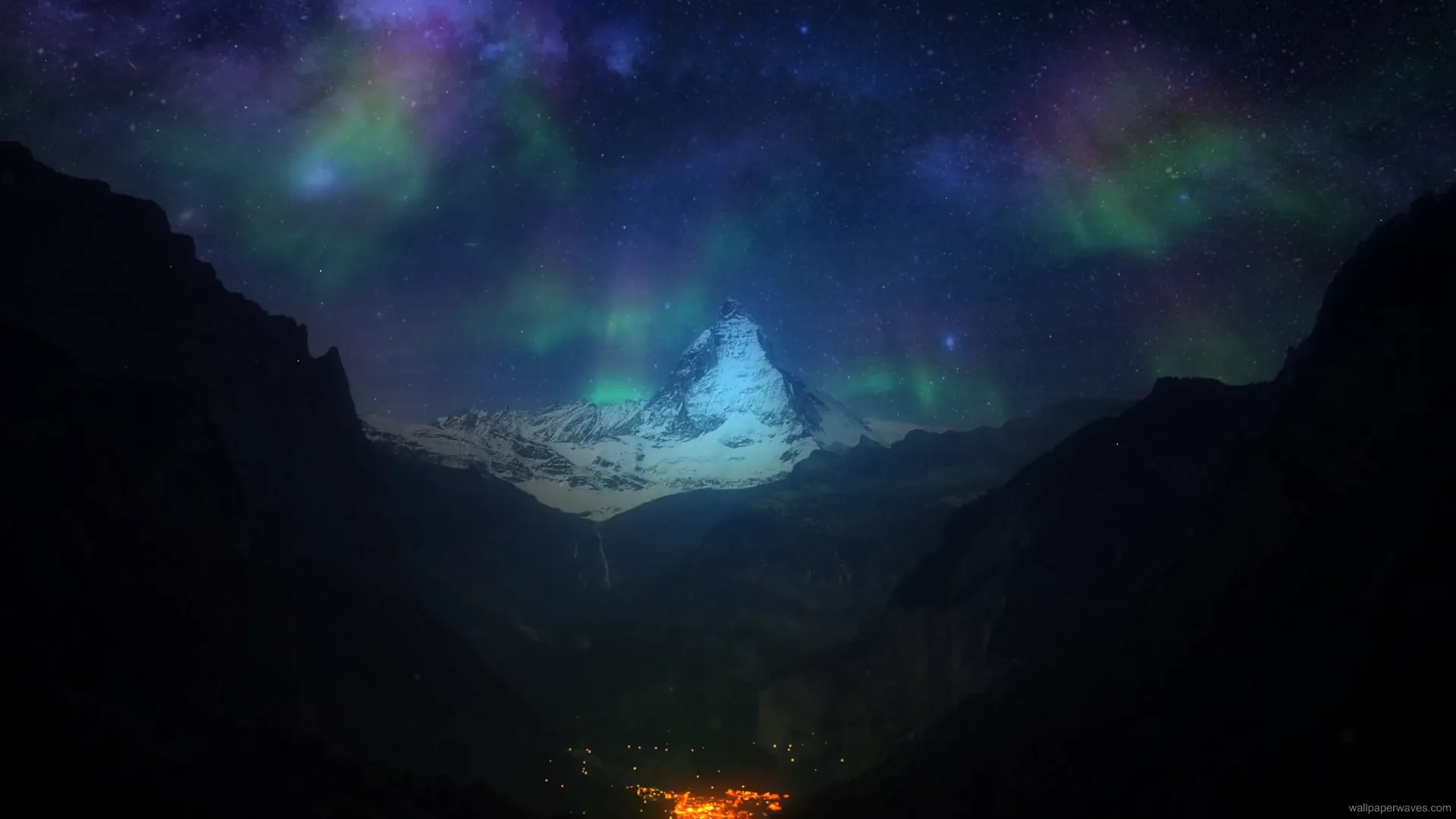 Snow-covered mountains glowing under a vibrant aurora borealis with stars and icy reflections in a peaceful night nature wallpaper.