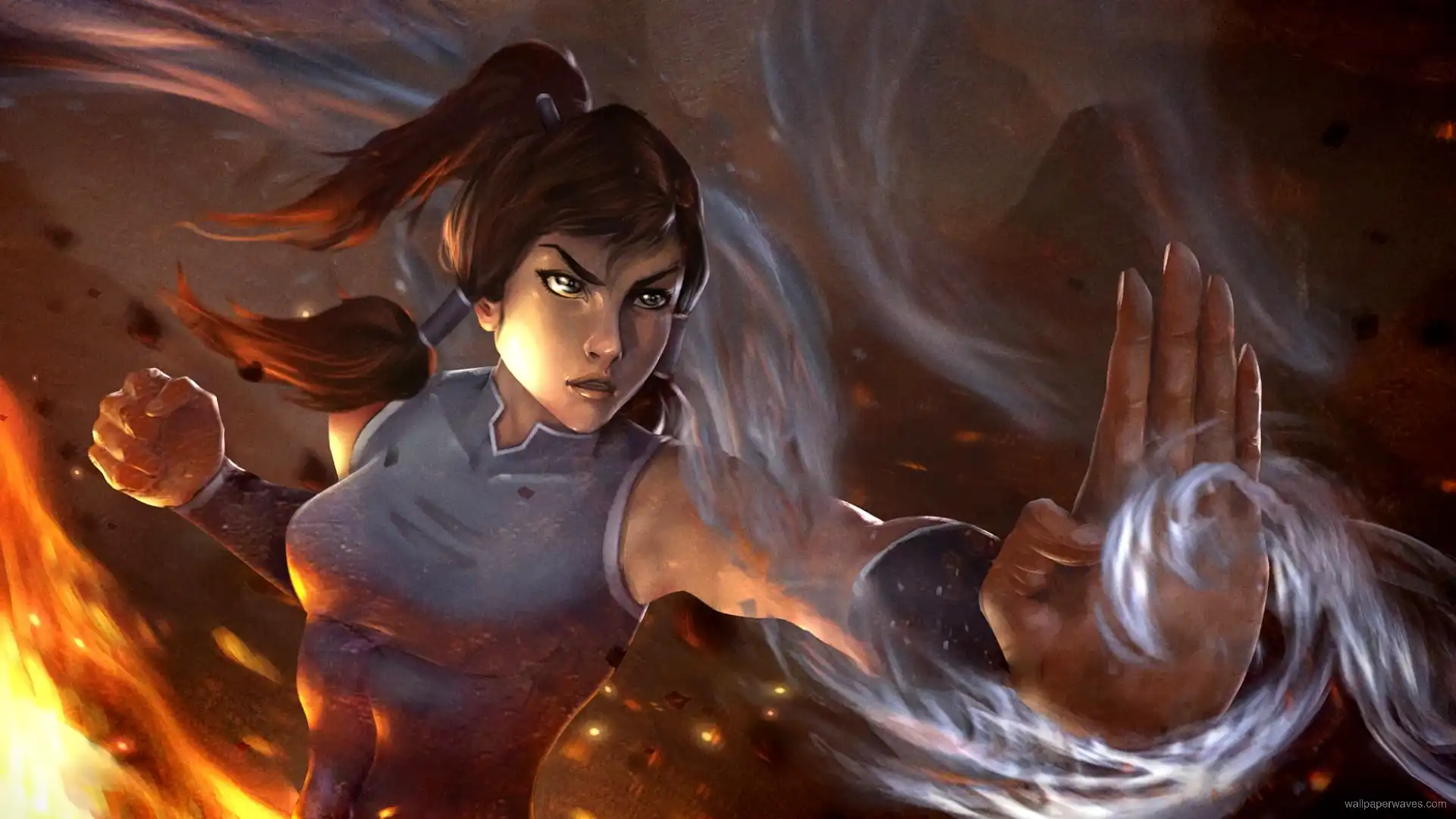 Korra from The Legend of Korra surrounded by swirling elements like fire, water, air, and earth in a glowing Avatar state wallpaper.