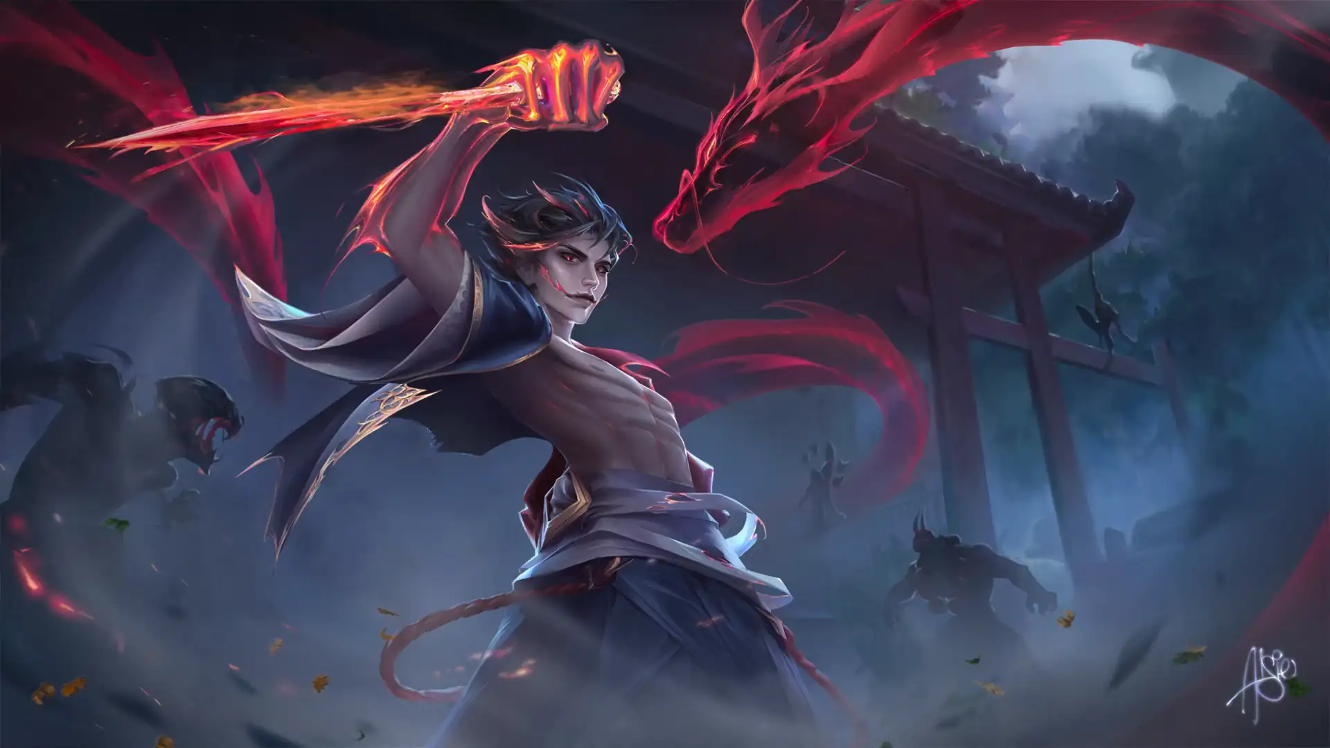 Axel standing in front of fire with glowing eyes, dark cloak, and fantasy armor in a fiery fantasy character wallpaper.