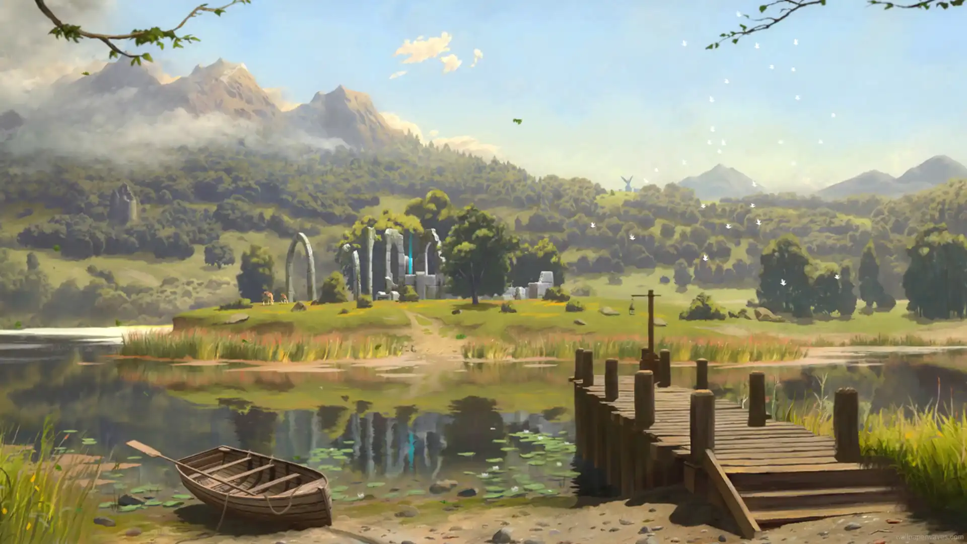 Ancient Ayleid ruins glowing under moonlight with moss-covered marble structures and mystical blue light in a fantasy Elder Scrolls wallpaper.