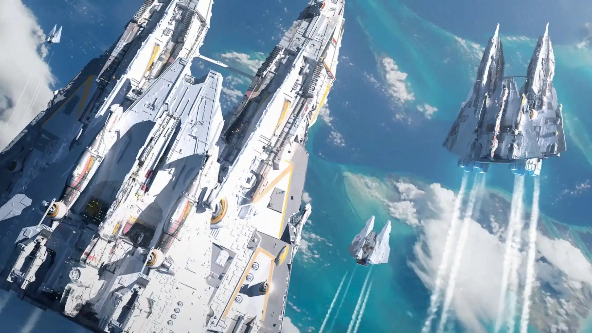 Futuristic starships engage in a dynamic space battle with laser beams and explosions illuminating the cosmic battlefield in this sci-fi wallpaper.