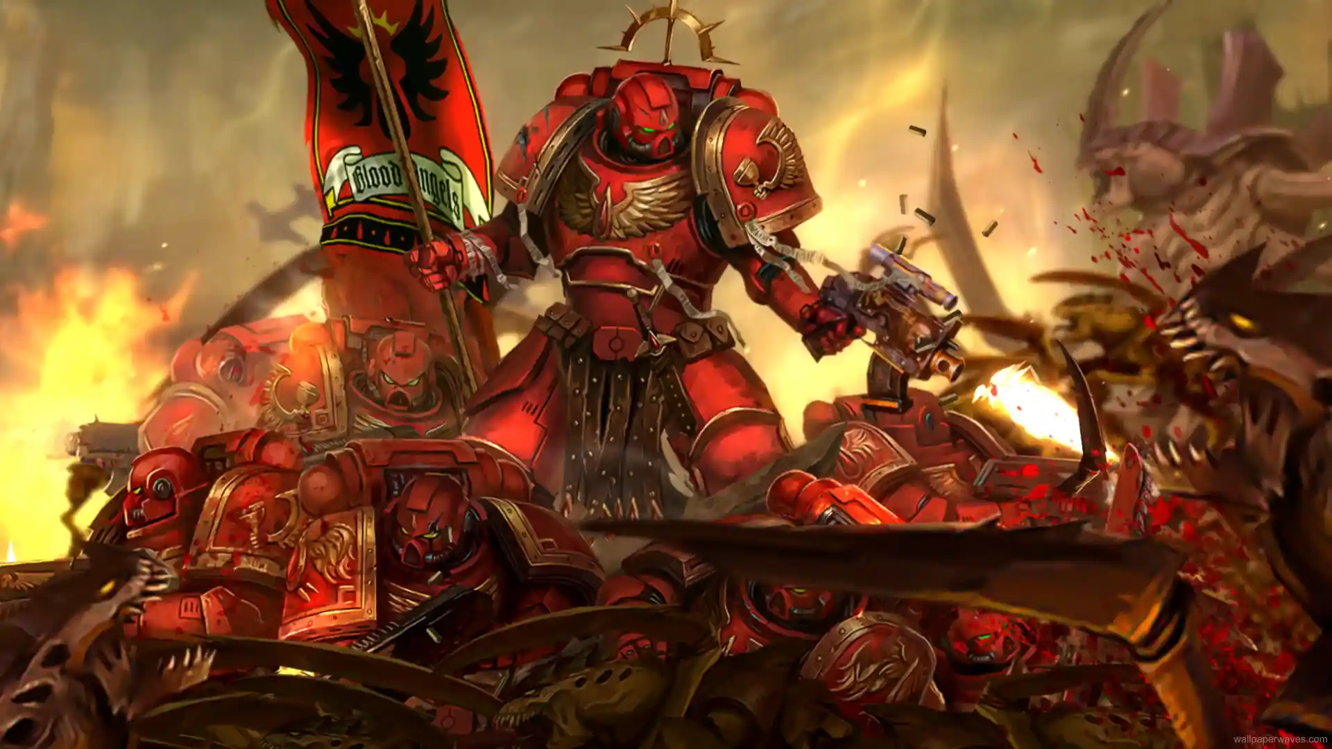 Blood Angels from Warhammer 40K descending into battle in glowing red armor with fire and chaos in the background in a dark sci-fi wallpaper.