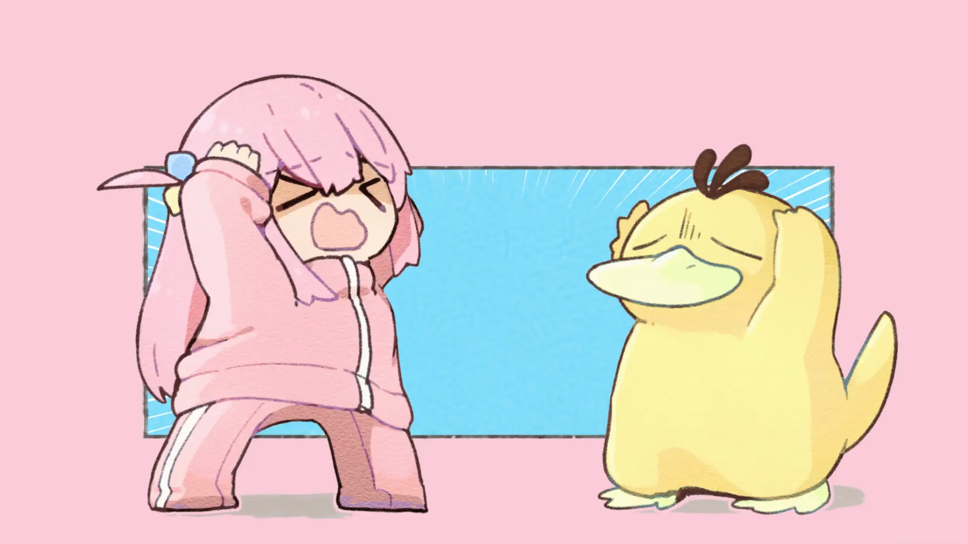 Bocchi and Psyduck standing awkwardly under a glowing streetlight with nervous expressions in a pastel crossover wallpaper.