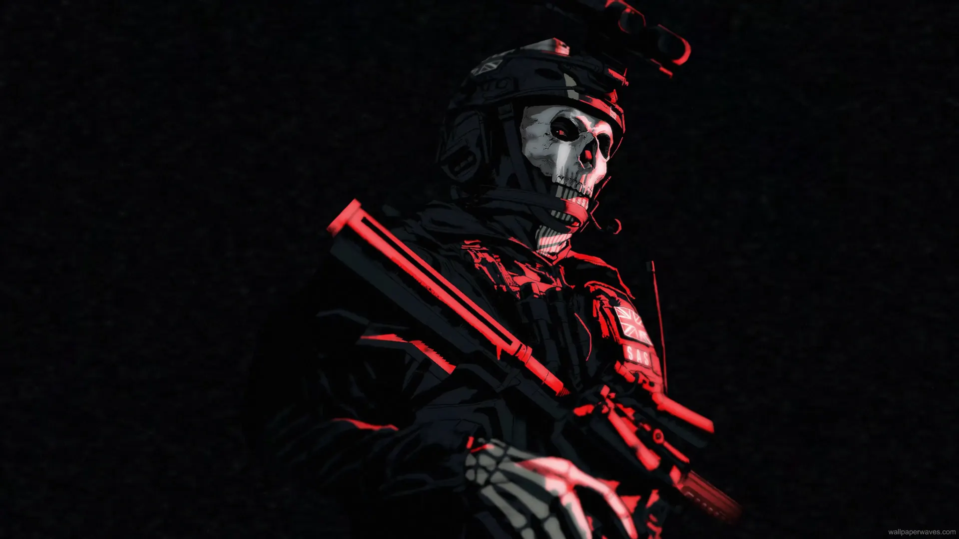 Ghost from Call of Duty Modern Warfare II standing in a smoky battlefield wearing his signature skull mask, with distant fire and flickering sky in the background.