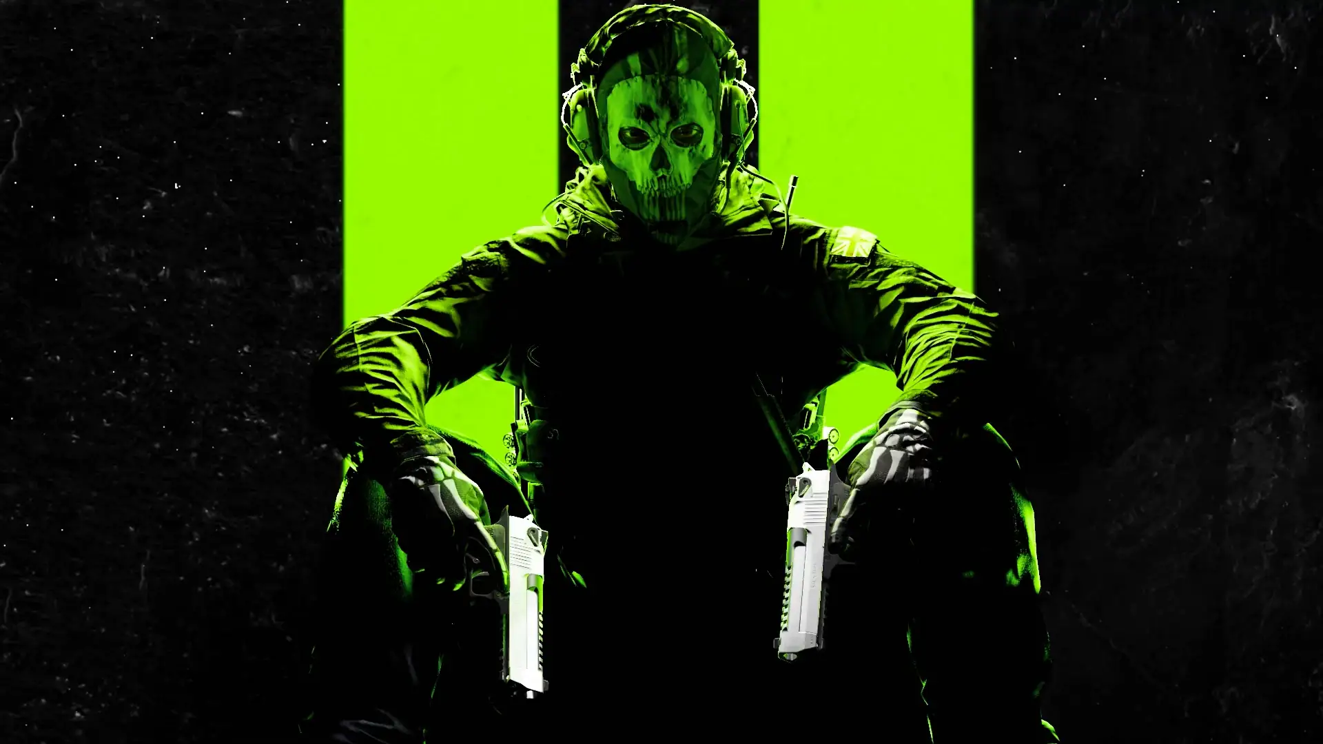 Simon "Ghost" Riley from Call of Duty: Modern Warfare II, clad in tactical gear and skull mask, poised amidst a war-torn backdrop.