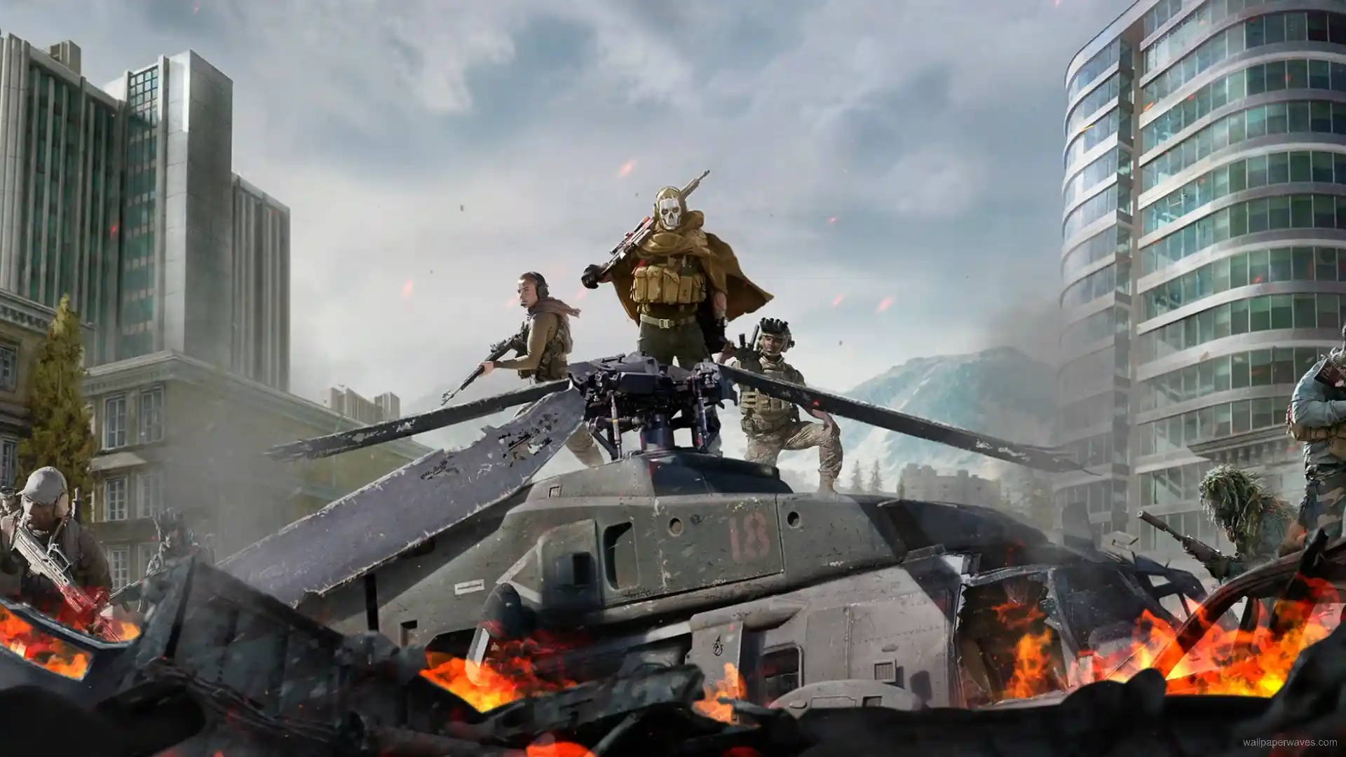 Warzone squad sprinting through a ruined city under fire with helicopters above, ambient smoke and HUD effects creating a tense battlefield scene.