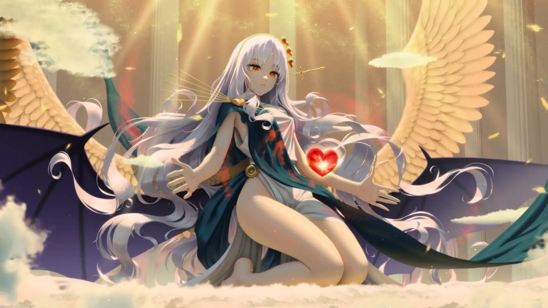 Caren Hortensia from Fate/Grand Order standing on a burning battlefield with glowing wings and divine light in a fantasy anime wallpaper.