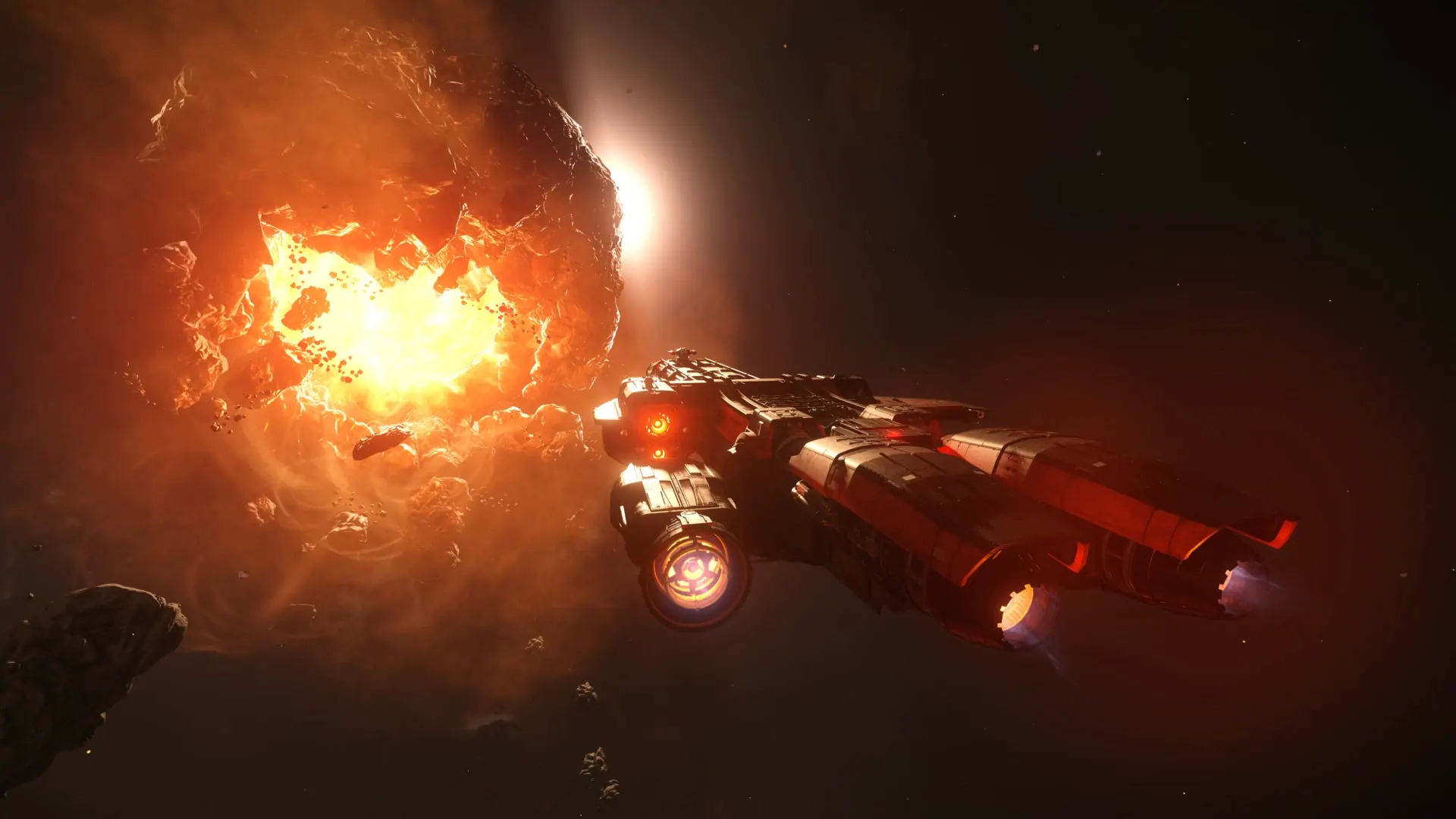 Caterpillar Pirate Edition spaceship from Star Citizen flying through a red nebula with glowing engines and a pirate emblem, set in deep space.