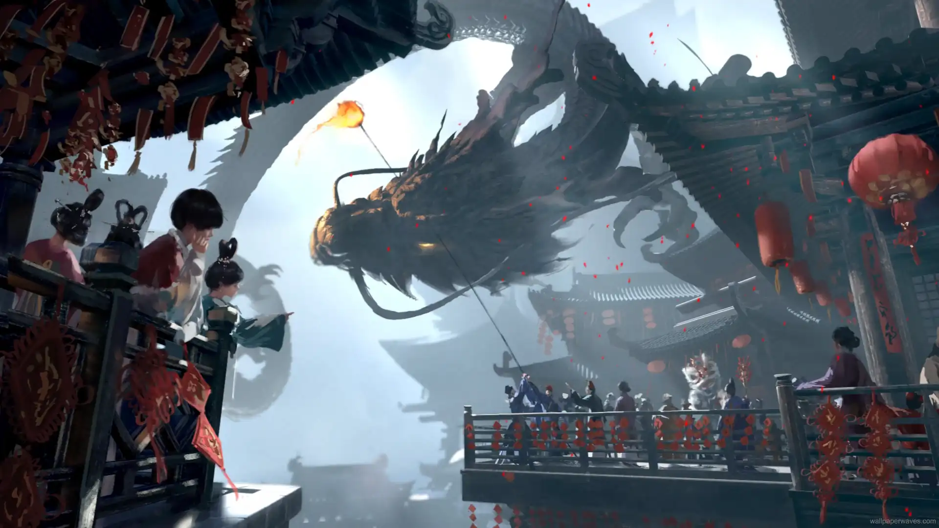 Colorful dragon weaving through lantern-lit streets during a festive Chinese New Year celebration with fireworks and red decorations in a cultural wallpaper.