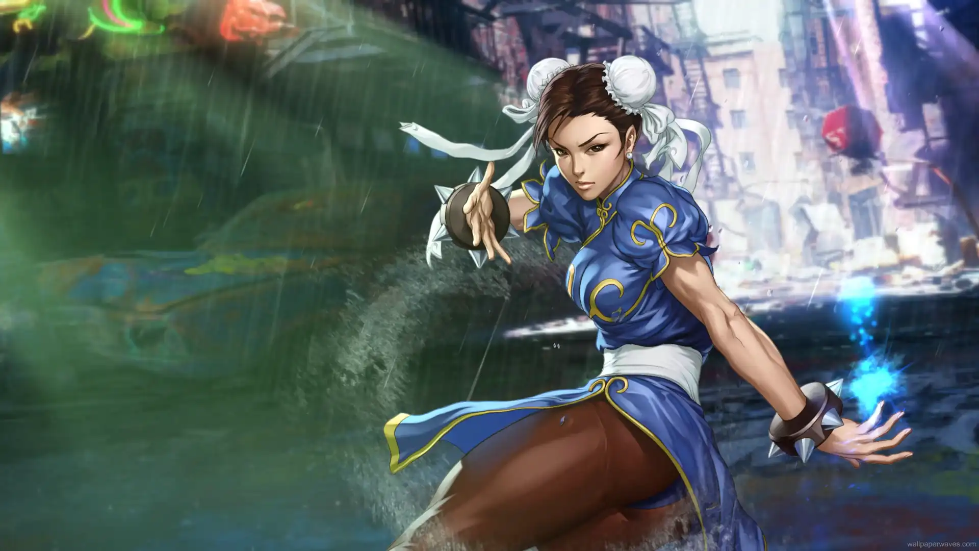 Chun-Li standing in a neon-lit alley preparing for battle in her classic blue outfit from Street Fighter wallpaper.