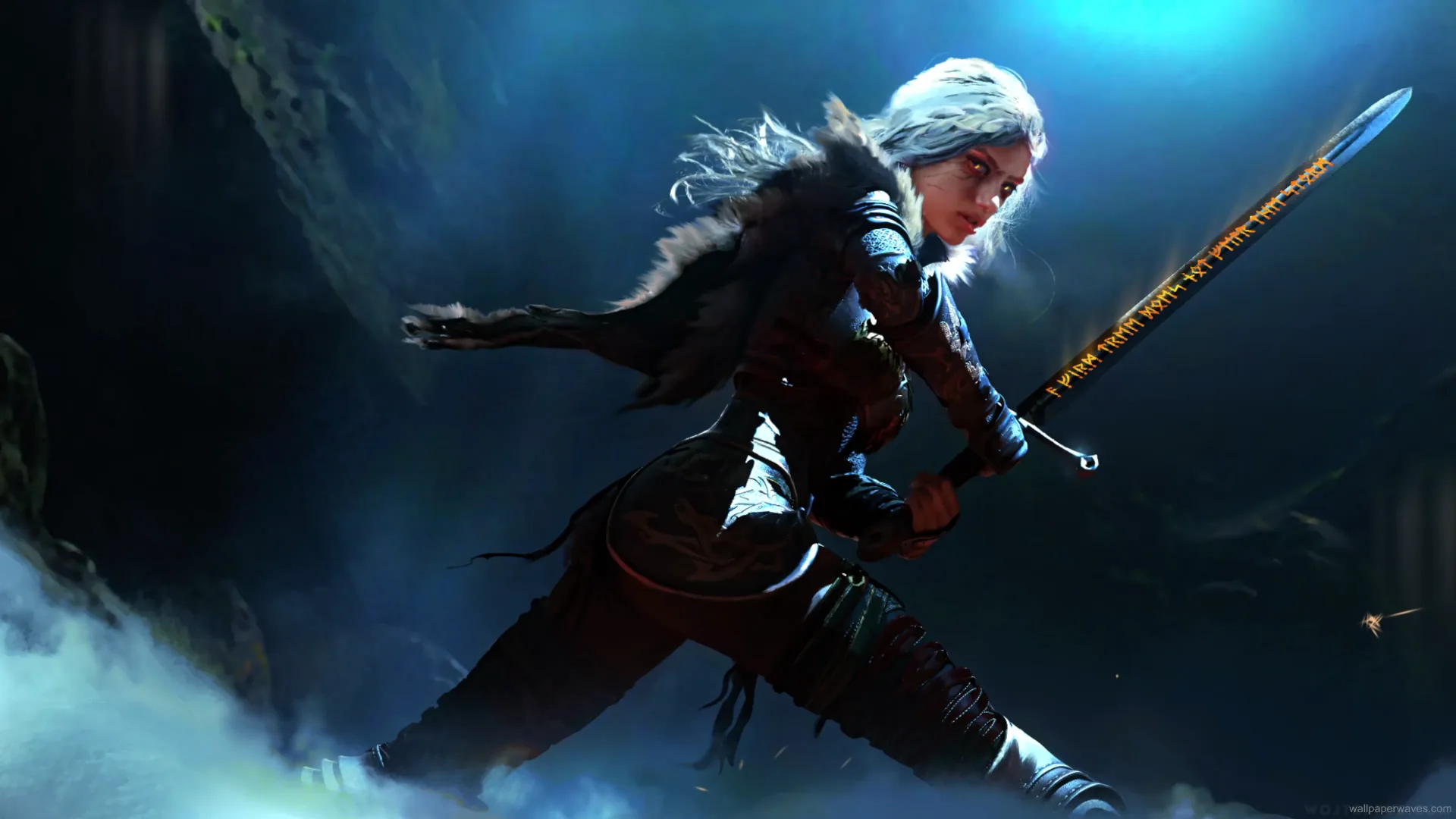 Ciri from The Witcher 3 standing poised with her sword in a misty forest setting in a dynamic fantasy wallpaper.