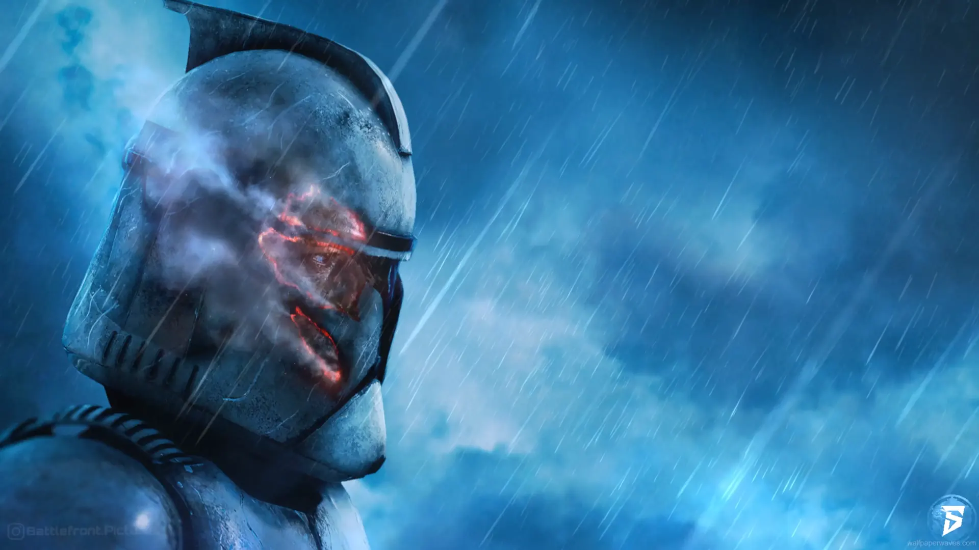 Clone Trooper in white armor standing alert with a galactic battle scene in the background in a Star Wars-themed wallpaper.