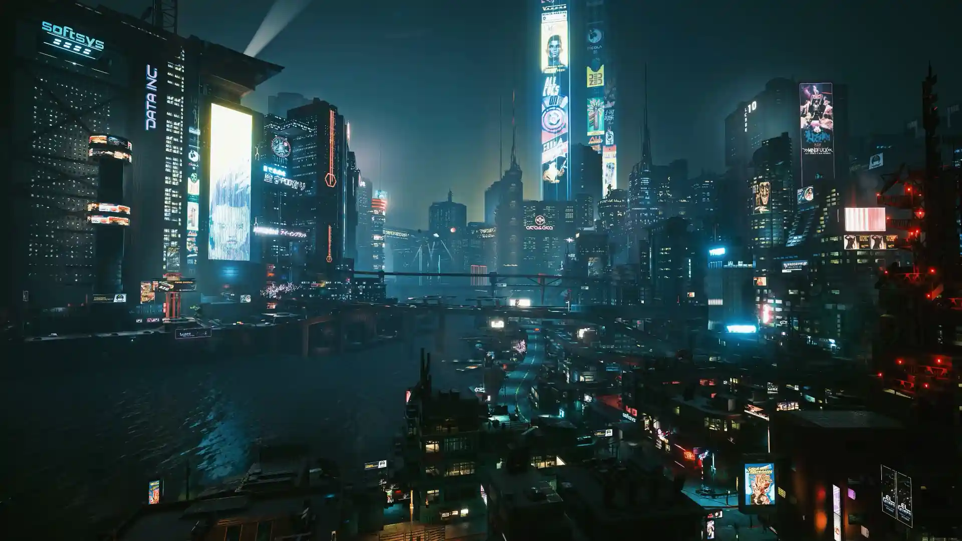 Futuristic view of Night City from Cyberpunk 2077 with neon lights, skyscrapers, and rainy streets in a dark sci-fi cityscape wallpaper.