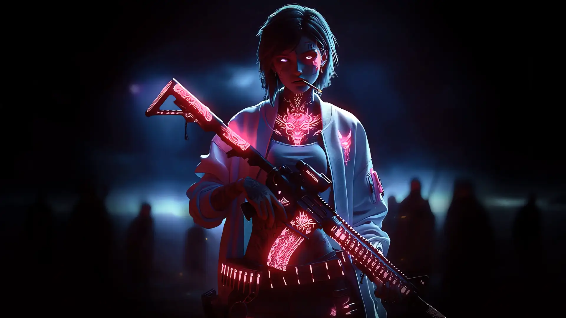 Cyberpunk girl with glowing dragon tattoo and neon city lights in a dark futuristic street wallpaper.