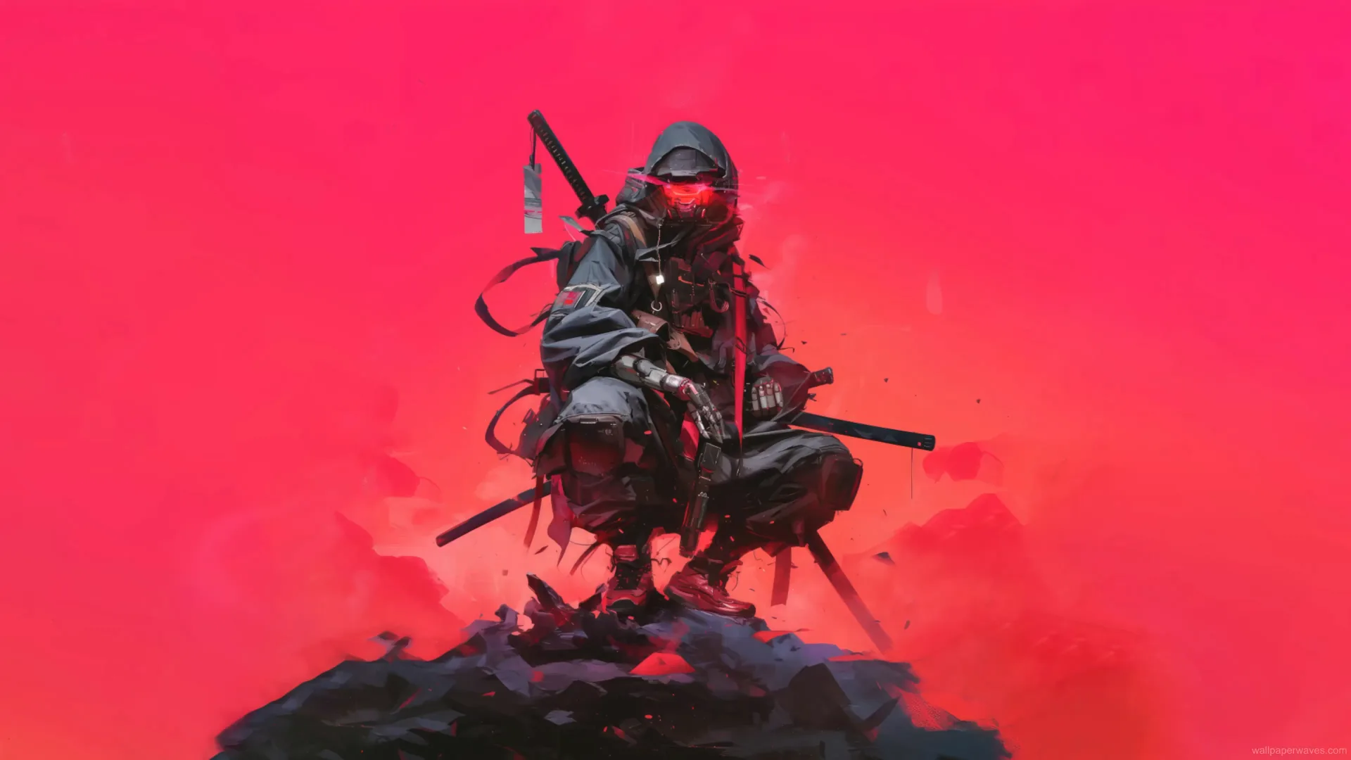 Cyberpunk ninja crouching on rooftop with neon lights and glowing sword in futuristic night city wallpaper.