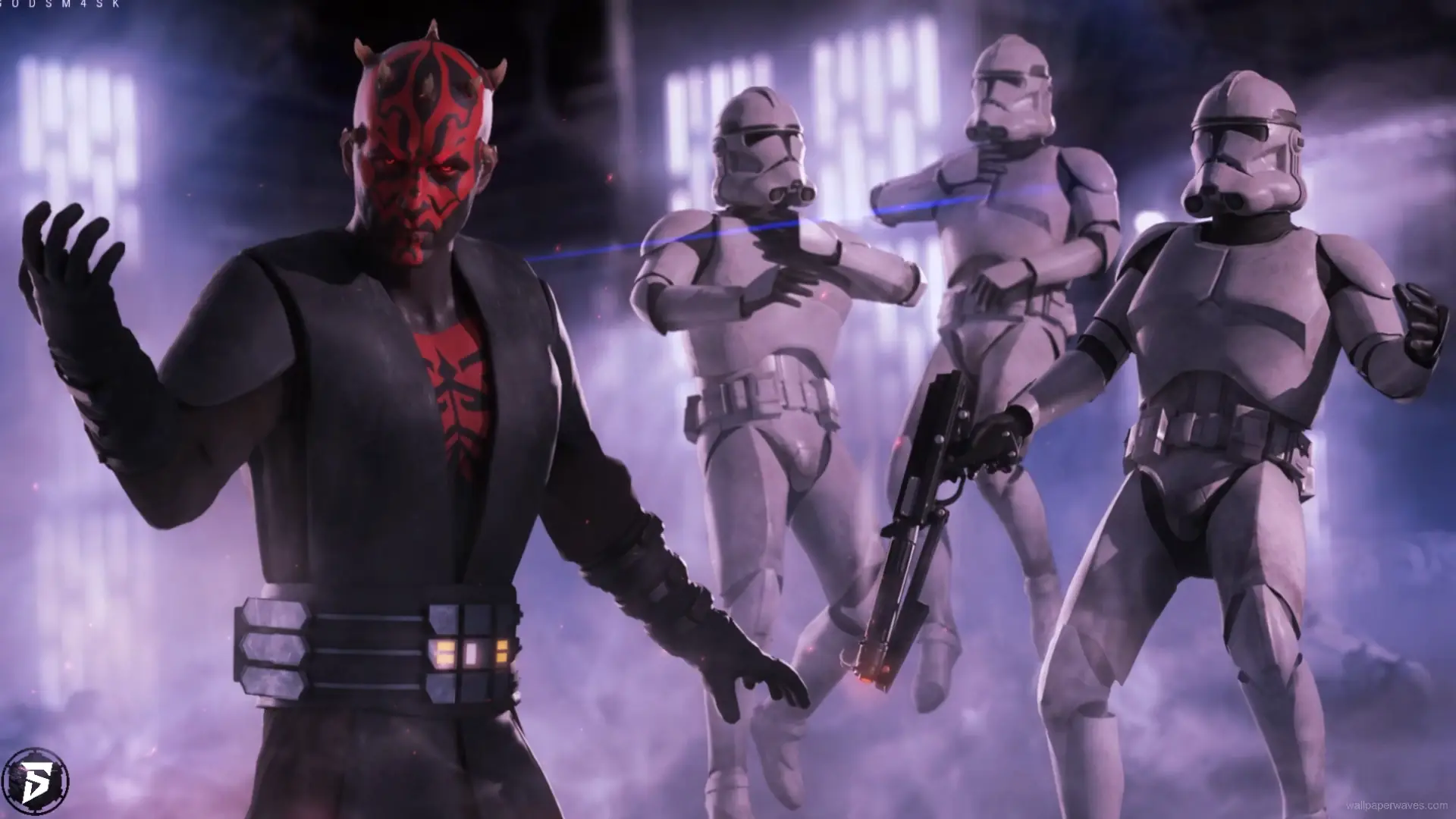 Darth Maul wields his double-bladed red lightsaber amidst a dark, war-torn galactic backdrop in this intense Star Wars live wallpaper.