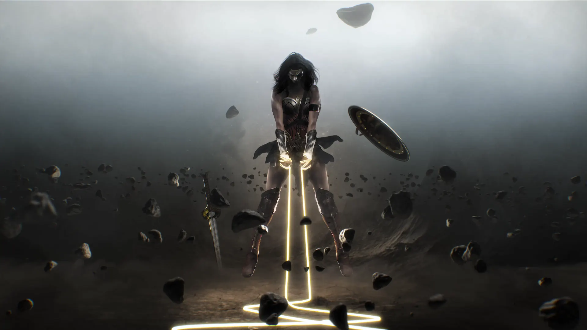 Wonder Woman in full armor standing on a battlefield with glowing lasso, golden light in the background, hair flowing in the wind.