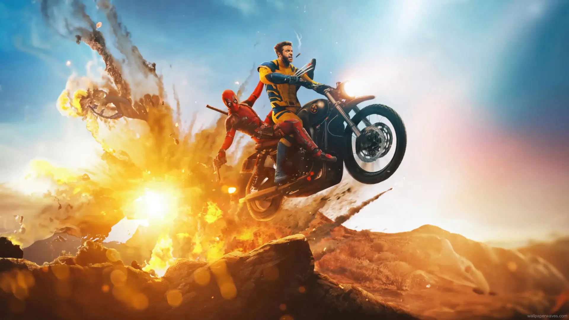 Deadpool and Wolverine riding through a fiery battlefield on a motorcycle, with bullets flying and explosions lighting up the night in this action-packed live wallpaper.
