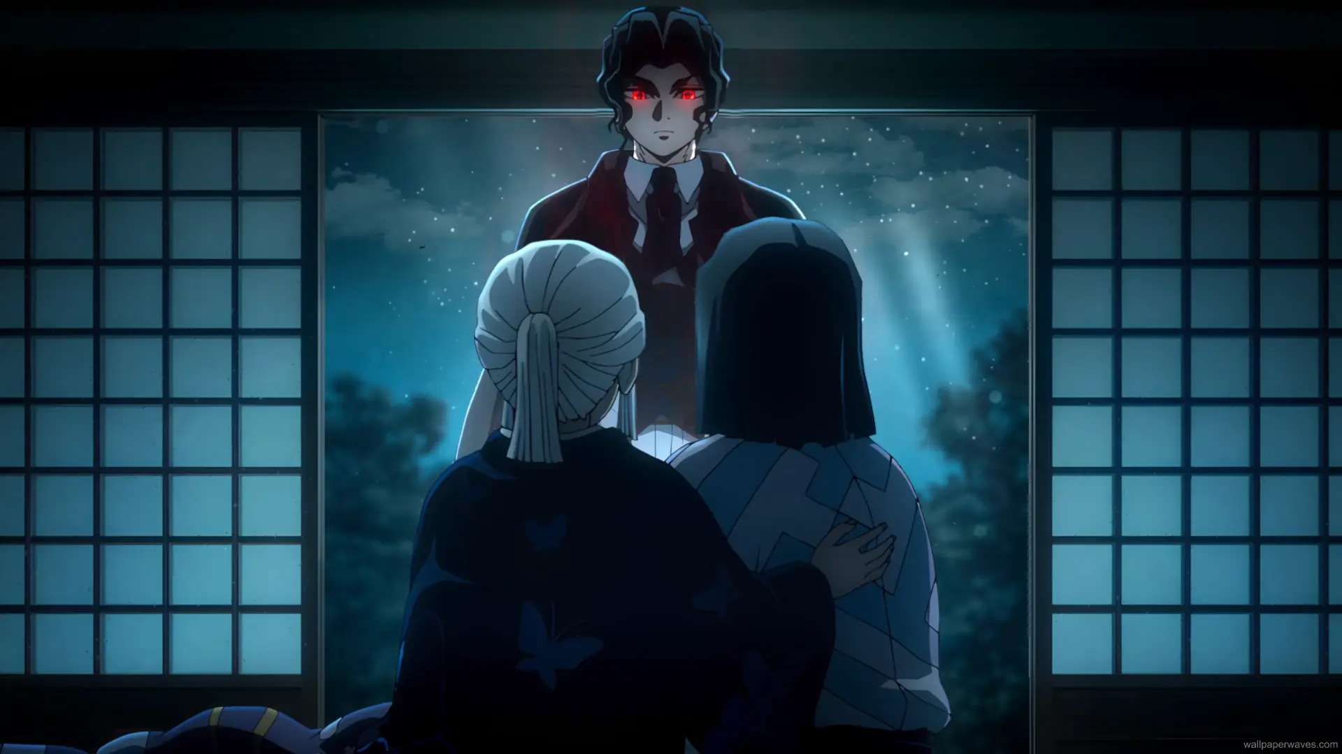 Muzan Kibutsuji confronting Ubuyashiki in a tense and dark room scene from Demon Slayer wallpaper.