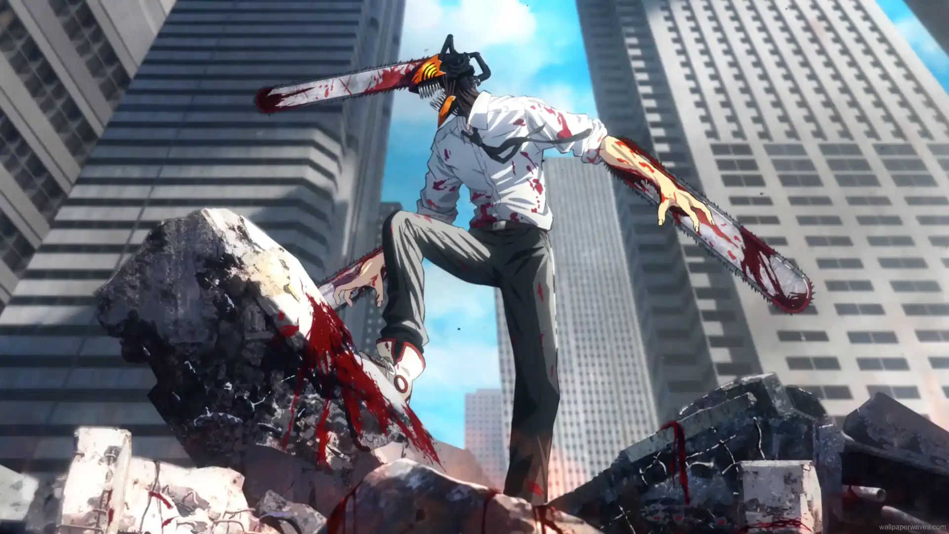 Denji from Chainsaw Man in transformed state with chainsaws extended, standing in rubble with blood mist and a glowing red aura in the background.