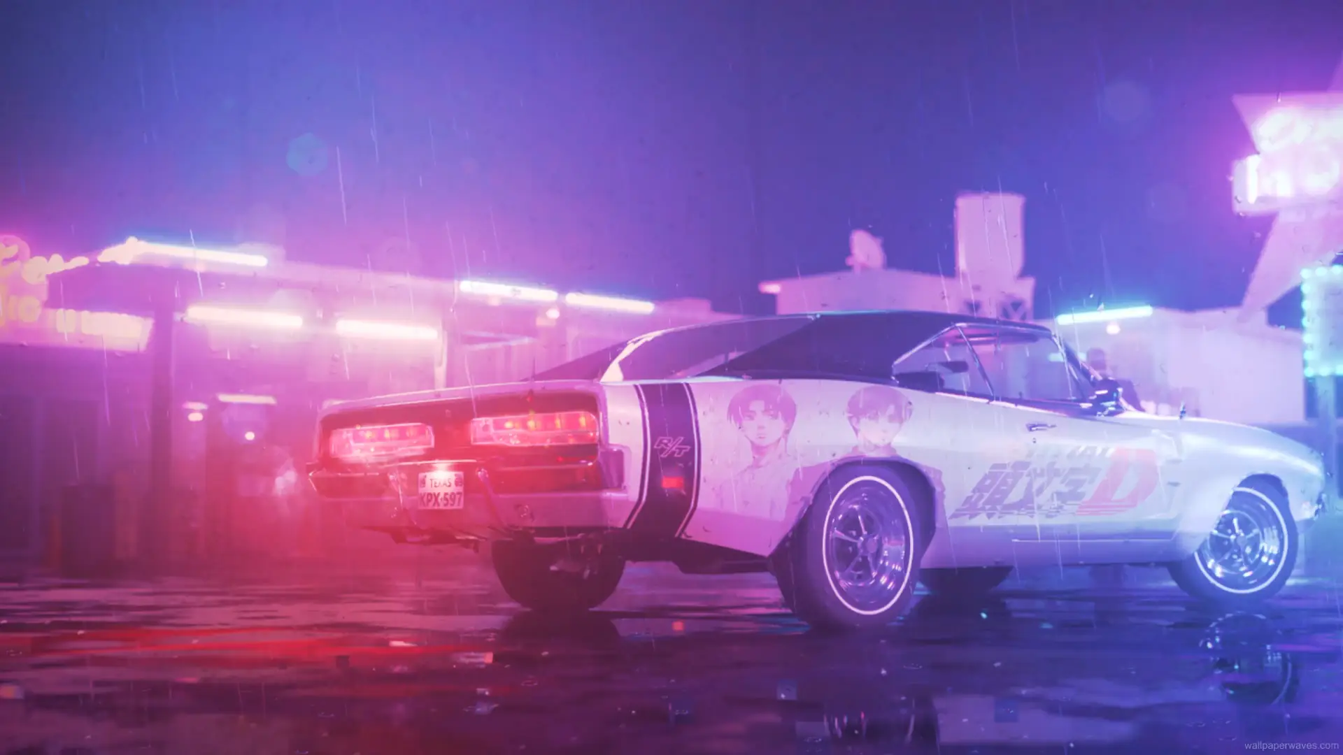 Black Dodge Charger R/T parked under city lights with glowing taillights and sleek muscle car design wallpaper.