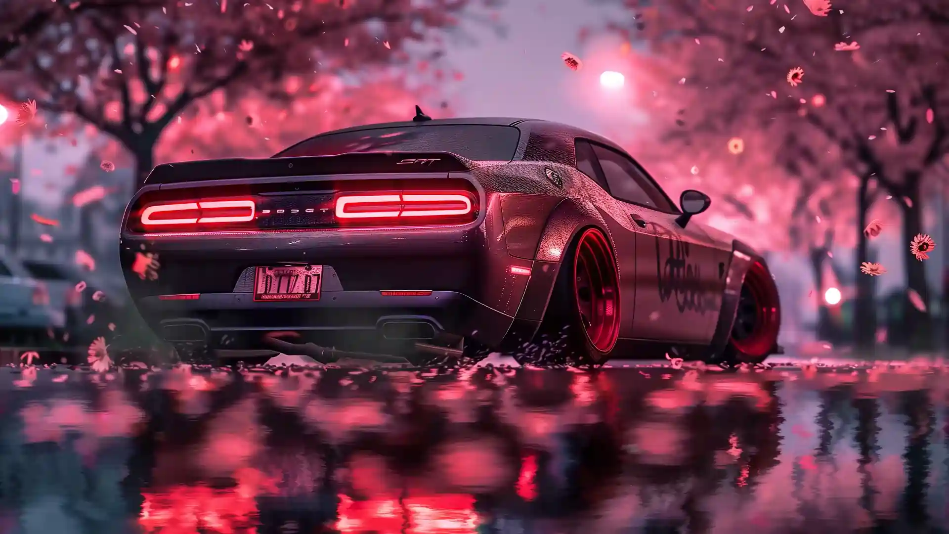 Dodge Demon Challenger muscle car with glowing headlights and moody night background wallpaper.