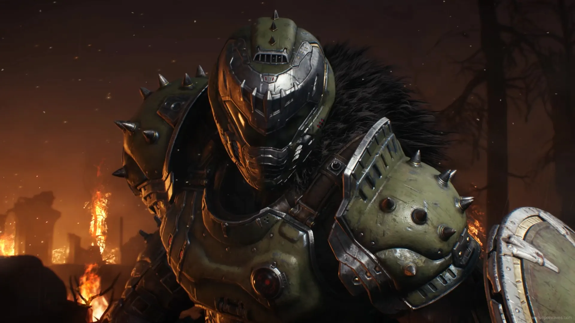 Doomguy in ancient armor with glowing runes standing in a fiery medieval battlefield in dark gaming wallpaper.