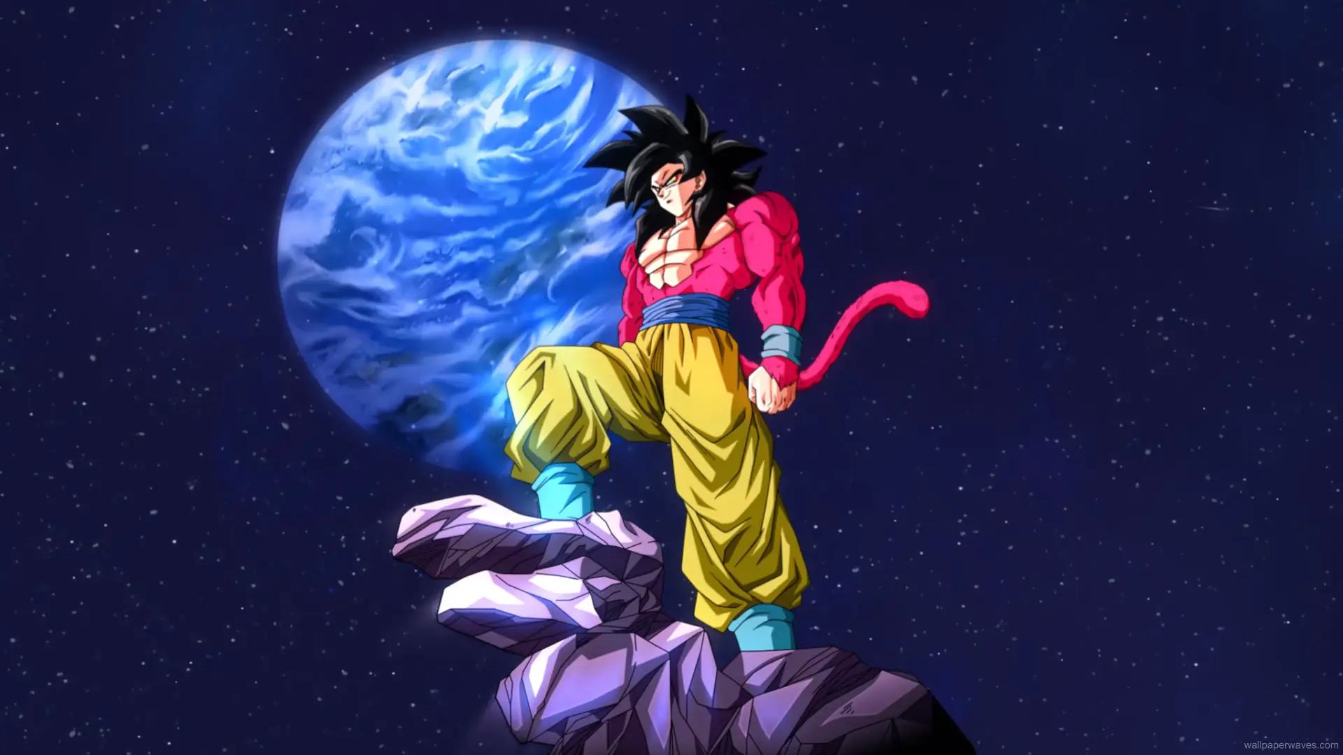 Goku in Super Saiyan 4 form from Dragon Ball GT standing in a storm with red fur, golden eyes, and lightning in the background wallpaper.