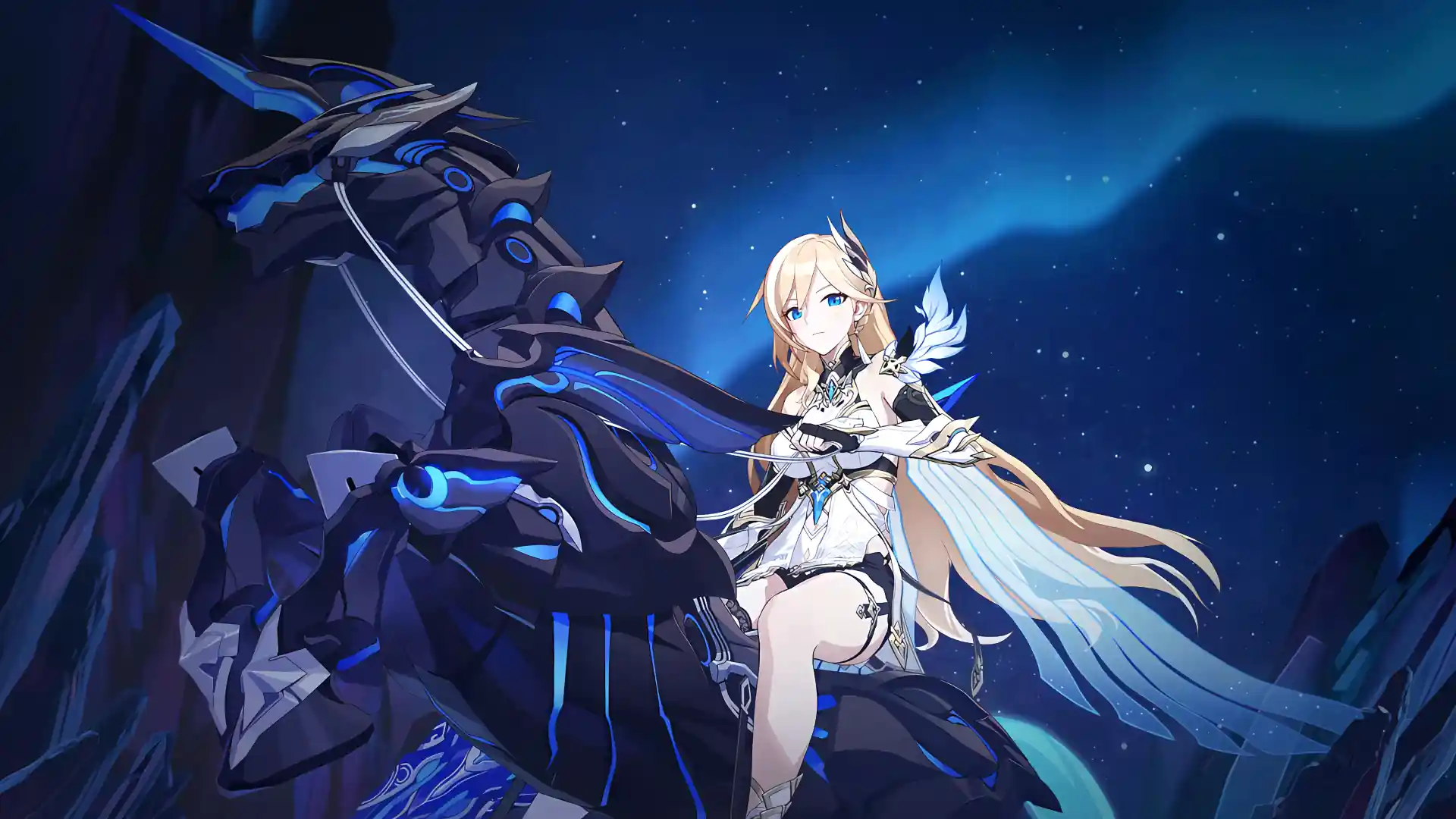 Durandal from Honkai Impact standing in glowing armor with her sword raised and golden hair flowing in a heroic anime wallpaper.