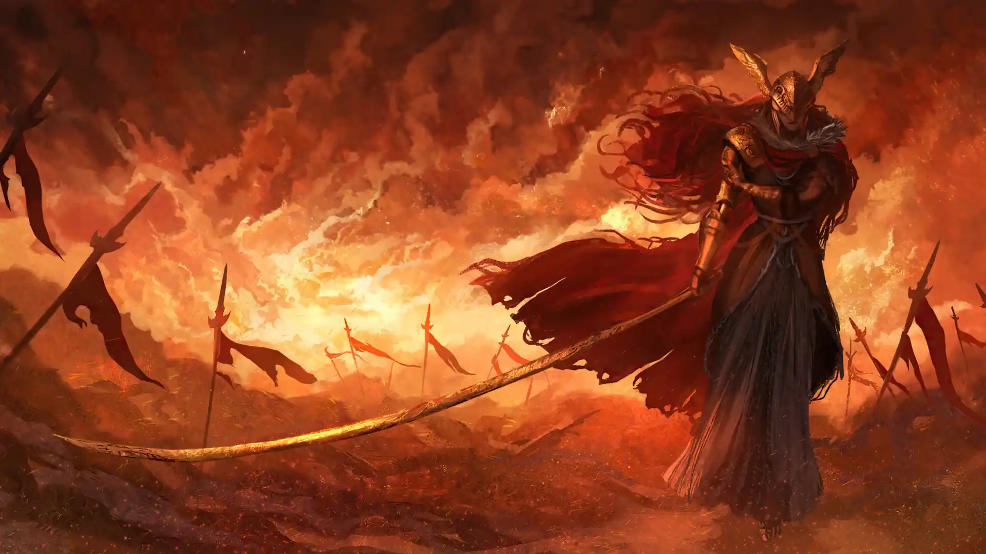 Malenia from Elden Ring, standing poised with her blade amidst a mystical backdrop, exuding strength and grace.
