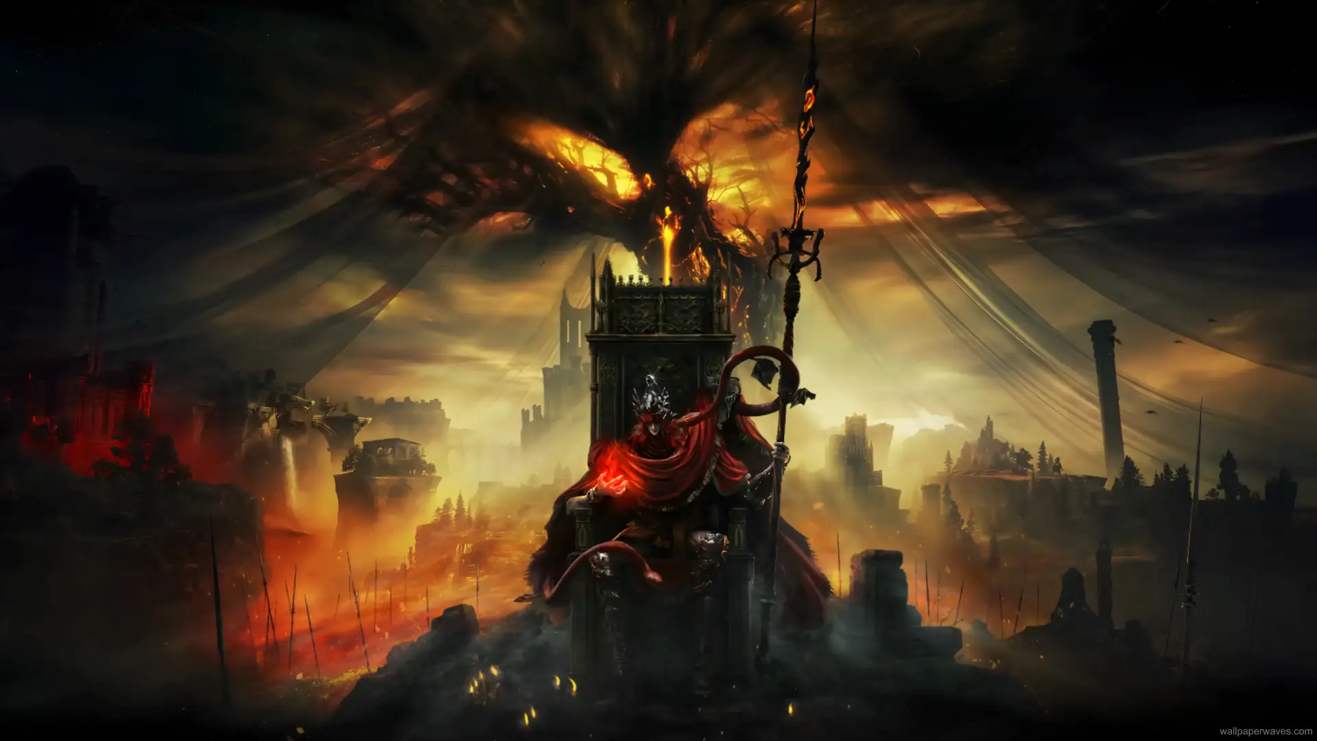 Lone warrior riding through golden fields beneath the decaying Erdtree under a glowing sky in a dark fantasy Elden Ring wallpaper.