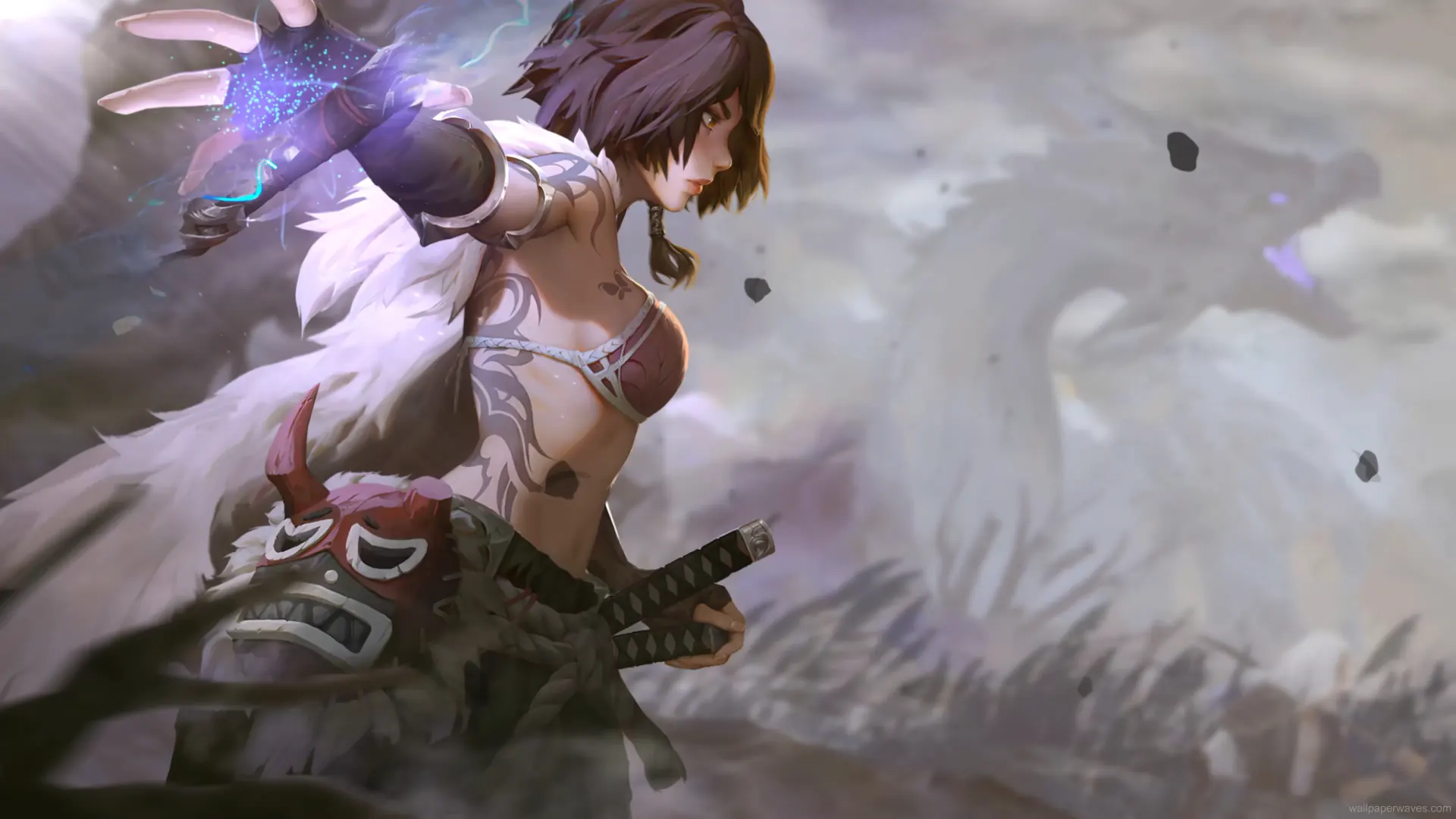 Mineko, a fantasy girl warrior, stands poised with her sword amidst a mystical backdrop, exuding strength and determination.