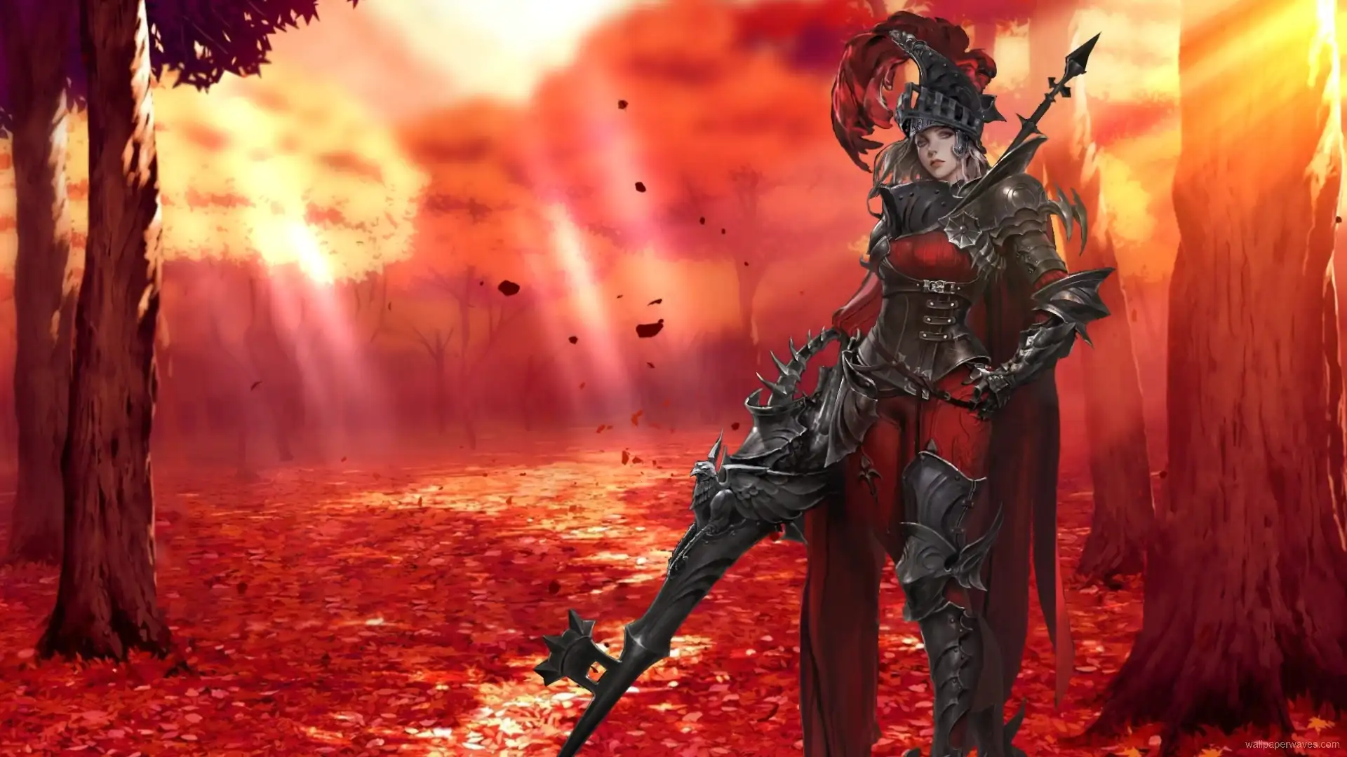 Fantasy female warrior in ornate armor standing on a battlefield under a dramatic sunset in a high-definition wallpaper.