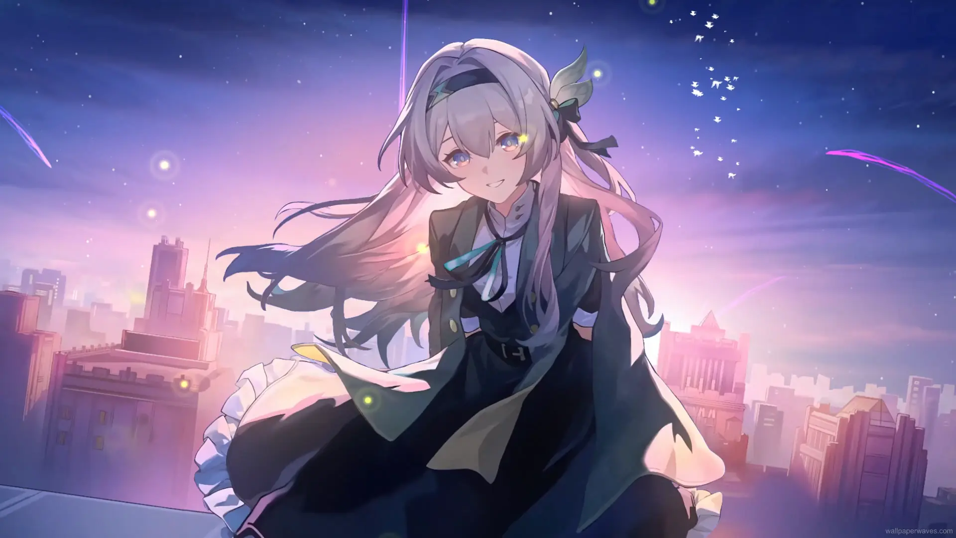 Firefly from Honkai Star Rail glowing with cosmic light and neon embers on a futuristic railway in a space-themed anime wallpaper.