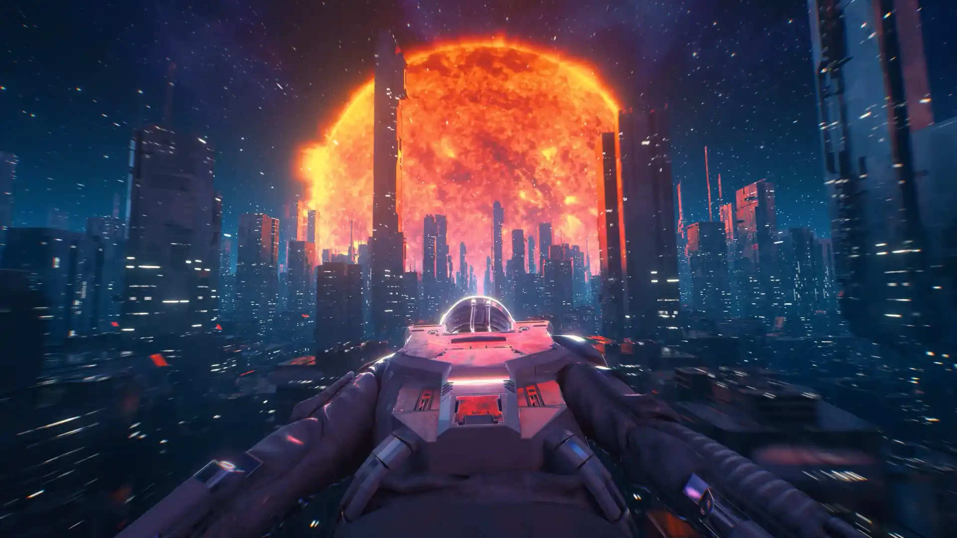 Aerial view flying above a glowing cyberpunk city with solar-powered skyscrapers, neon lights, and futuristic traffic in a sci-fi skyline wallpaper.