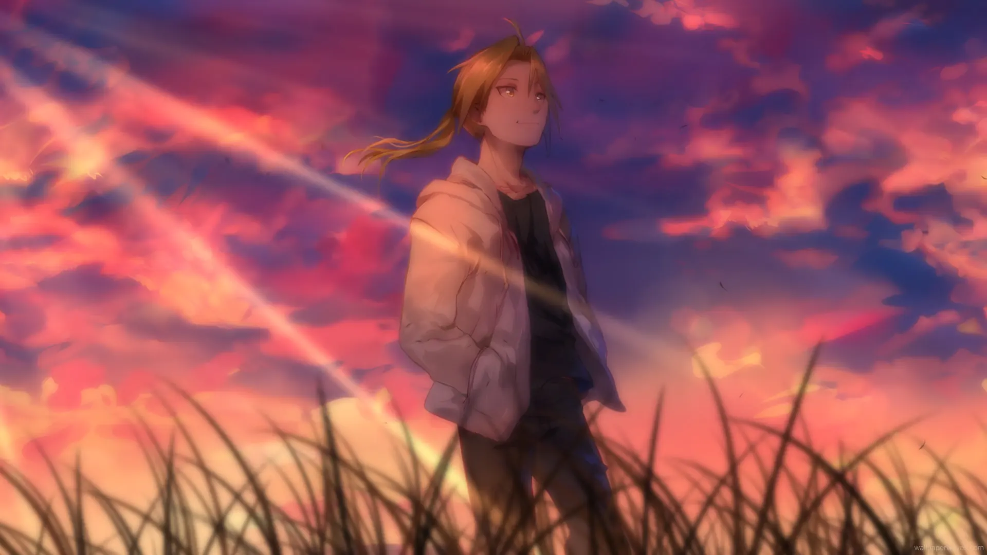 Edward Elric from Fullmetal Alchemist standing peacefully under a blue hometown sky with his hands in his pockets, surrounded by calm fields and drifting clouds.