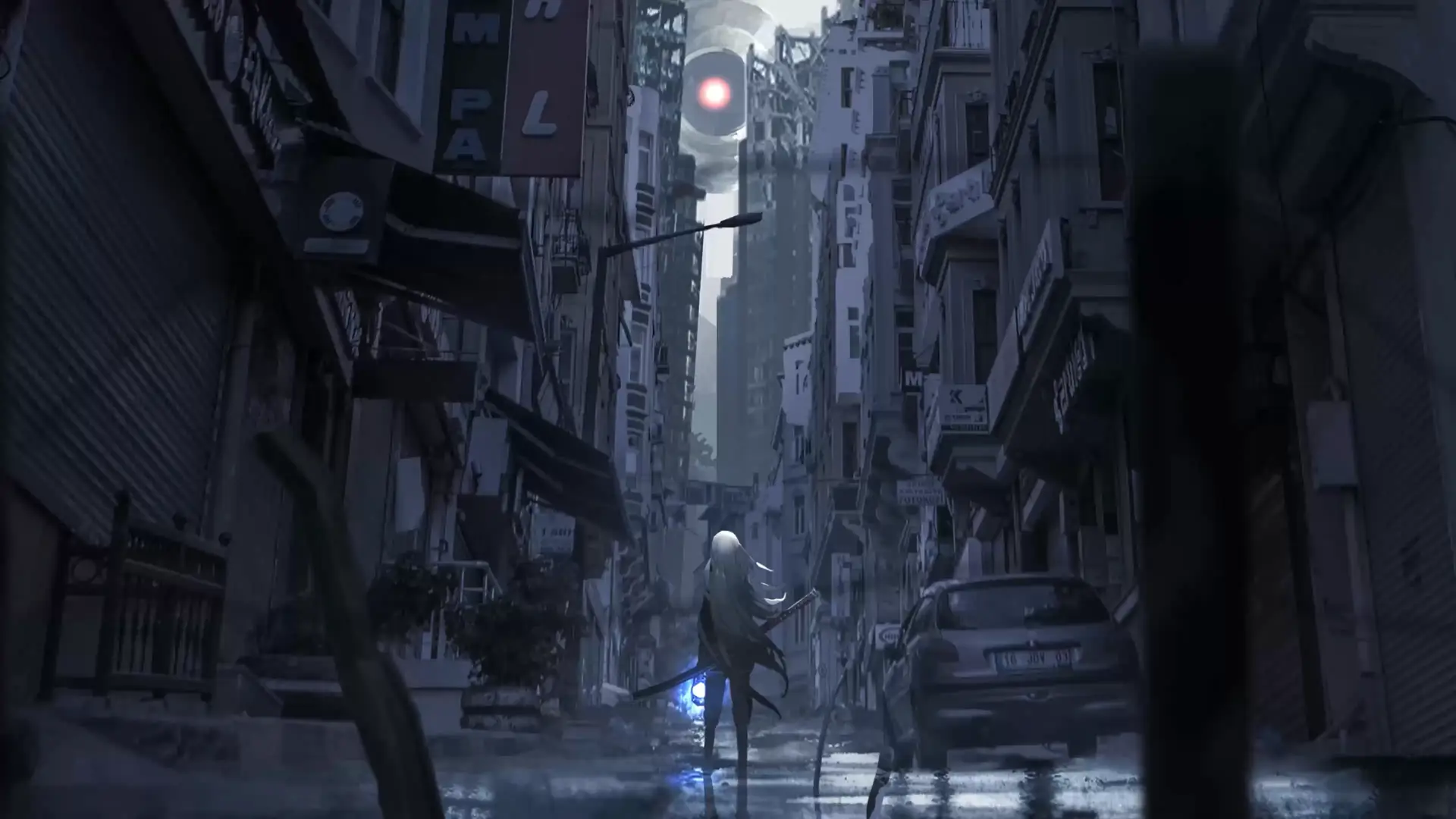 Futuristic cyberpunk girl standing on a rooftop with glowing city lights and neon fog in a high-tech sci-fi wallpaper.