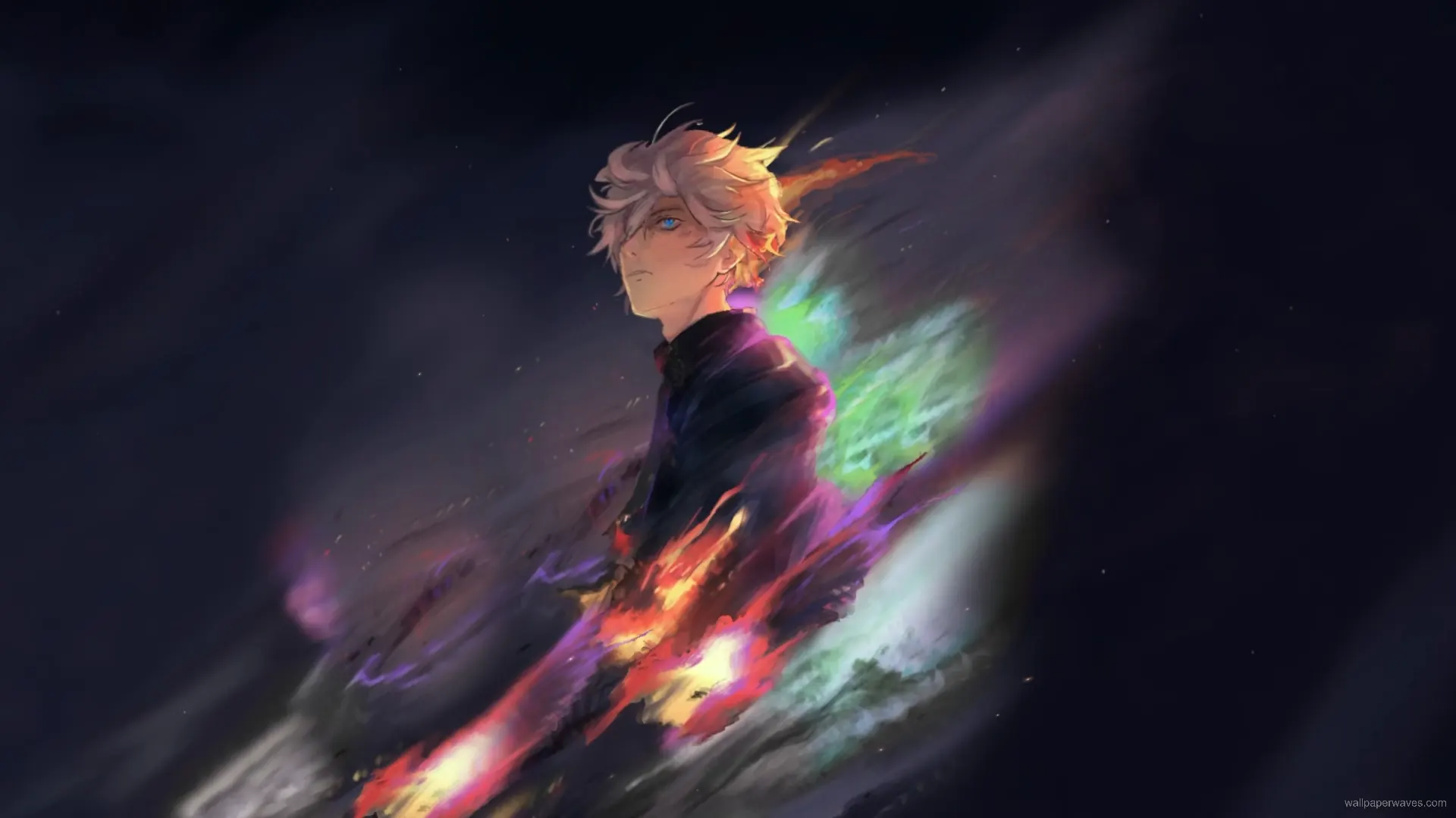 Gabimaru from Hell’s Paradise kneeling in a glowing forest with white hair blowing in the wind, surrounded by drifting petals and a calm but deadly atmosphere.